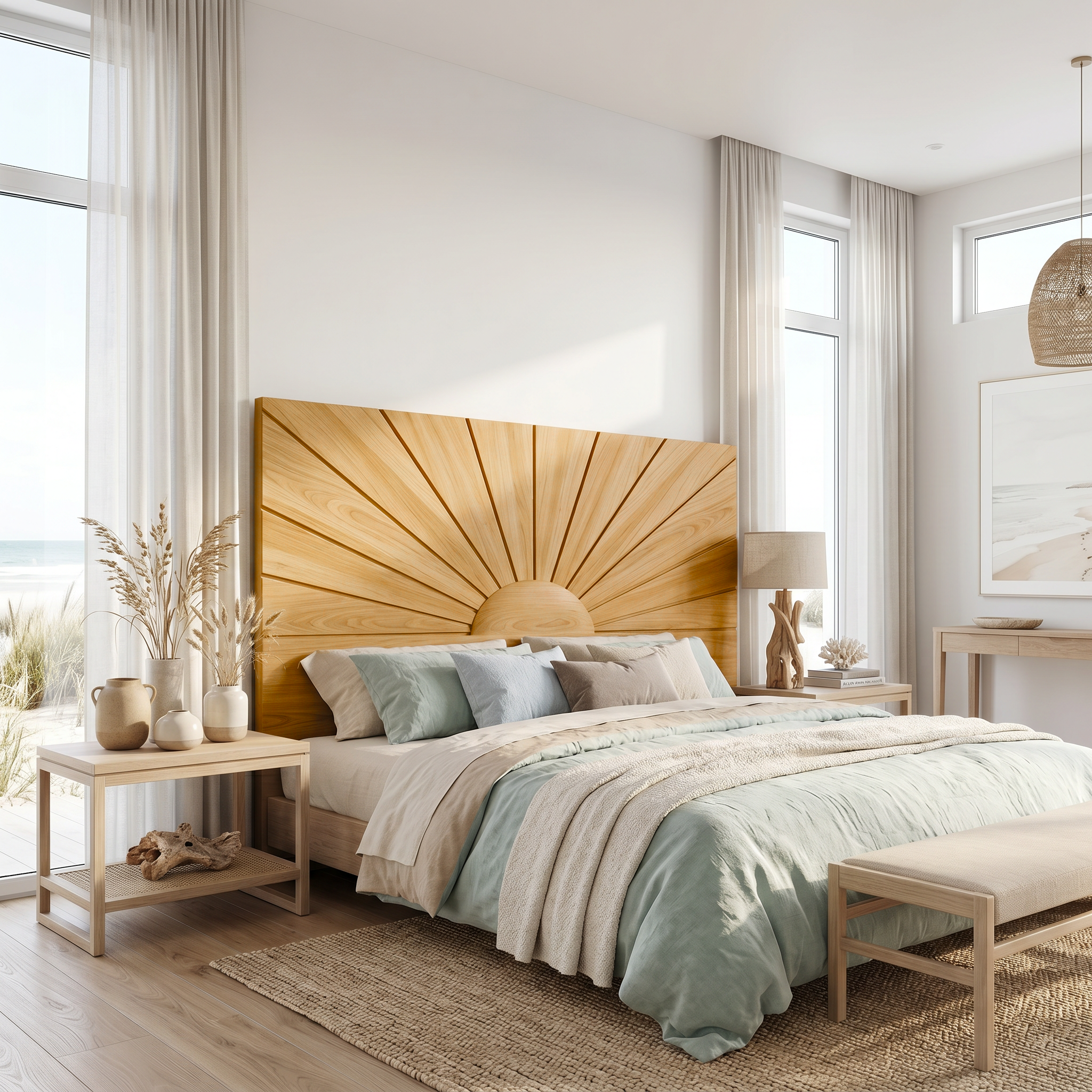 Organic Sunburst Headboard Solid Wood Bed Headboard For Bedroom SINLSAHB036