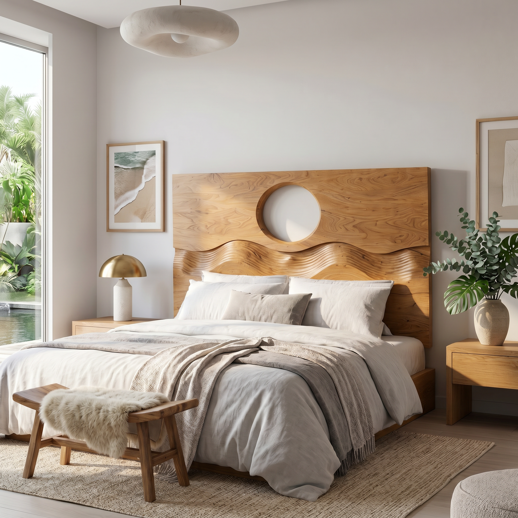 Organic Moon Cutout Headboard Wooden Bed Headboard For Bedroom SINLSAHB043