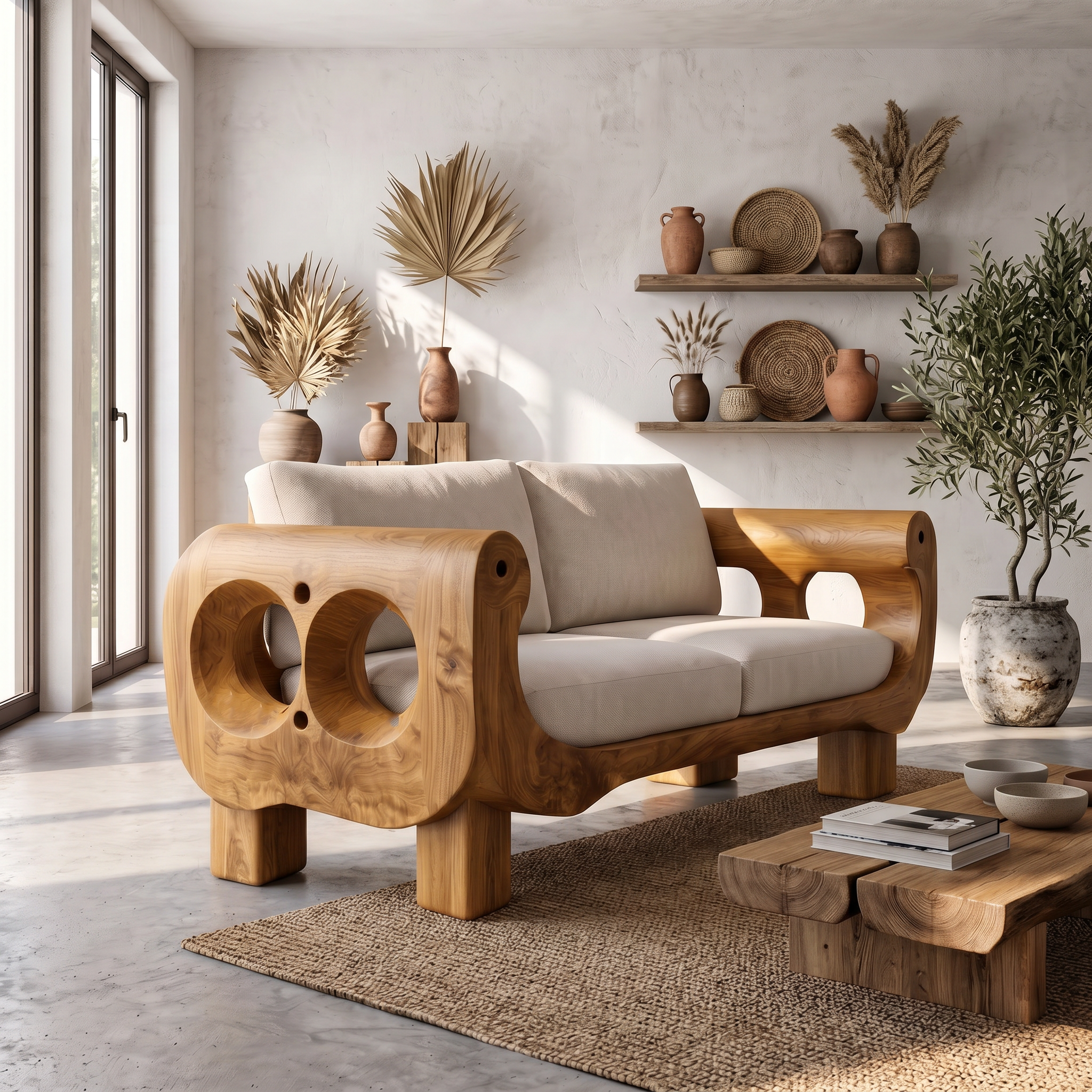 Rustic Sofa Frame With Handcrafted Sculptural Wood Design For Living Room SINLSASF039