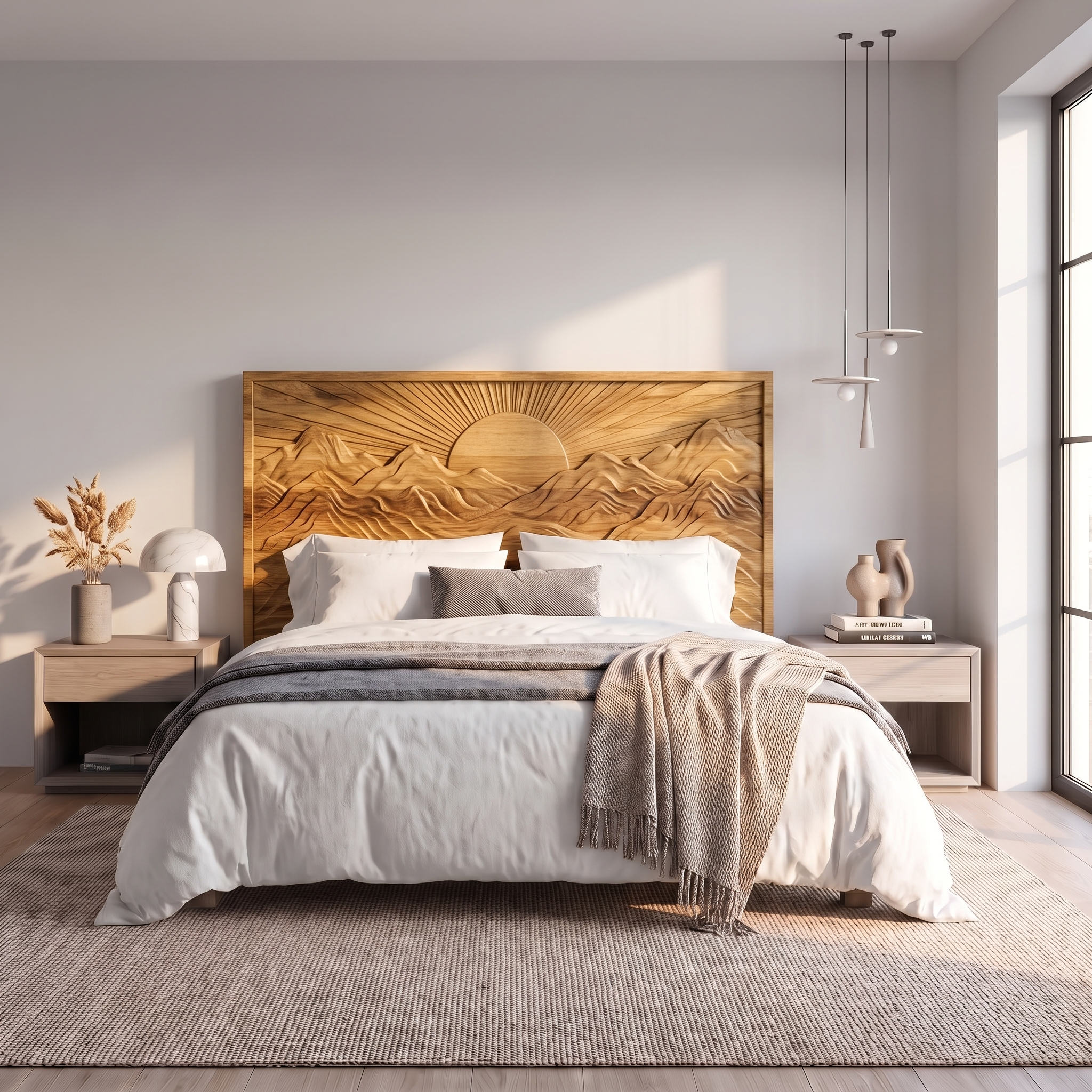 Mid Century Sunrise Headboard Wooden Bed Headboard For Bedroom SINLSAHB054