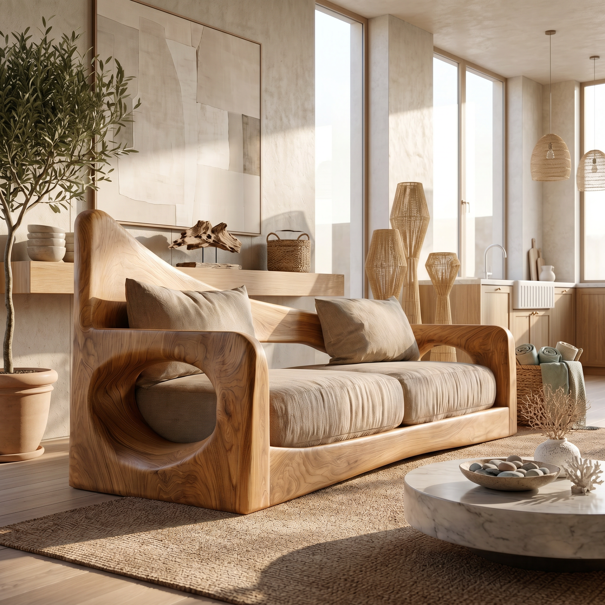 Modern Organic Sofa With Sculptural Perforated Wood Frame SINLSASF042