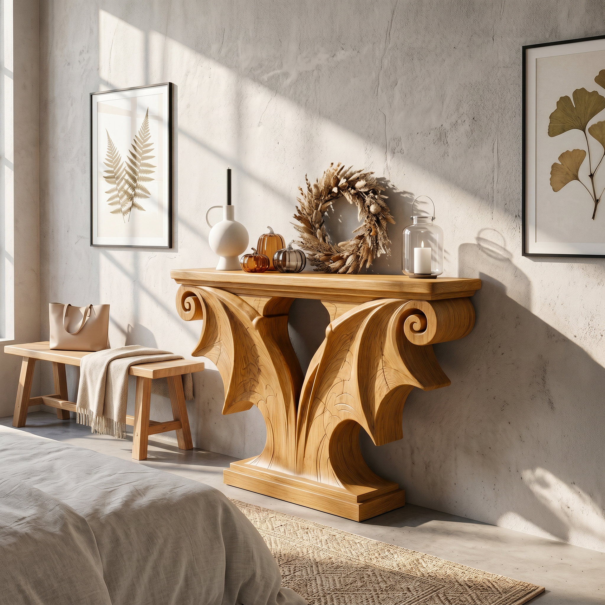 Sculptural Console Table Handcrafted Solid Wood Design For Entryway Living Room SINLSACS676