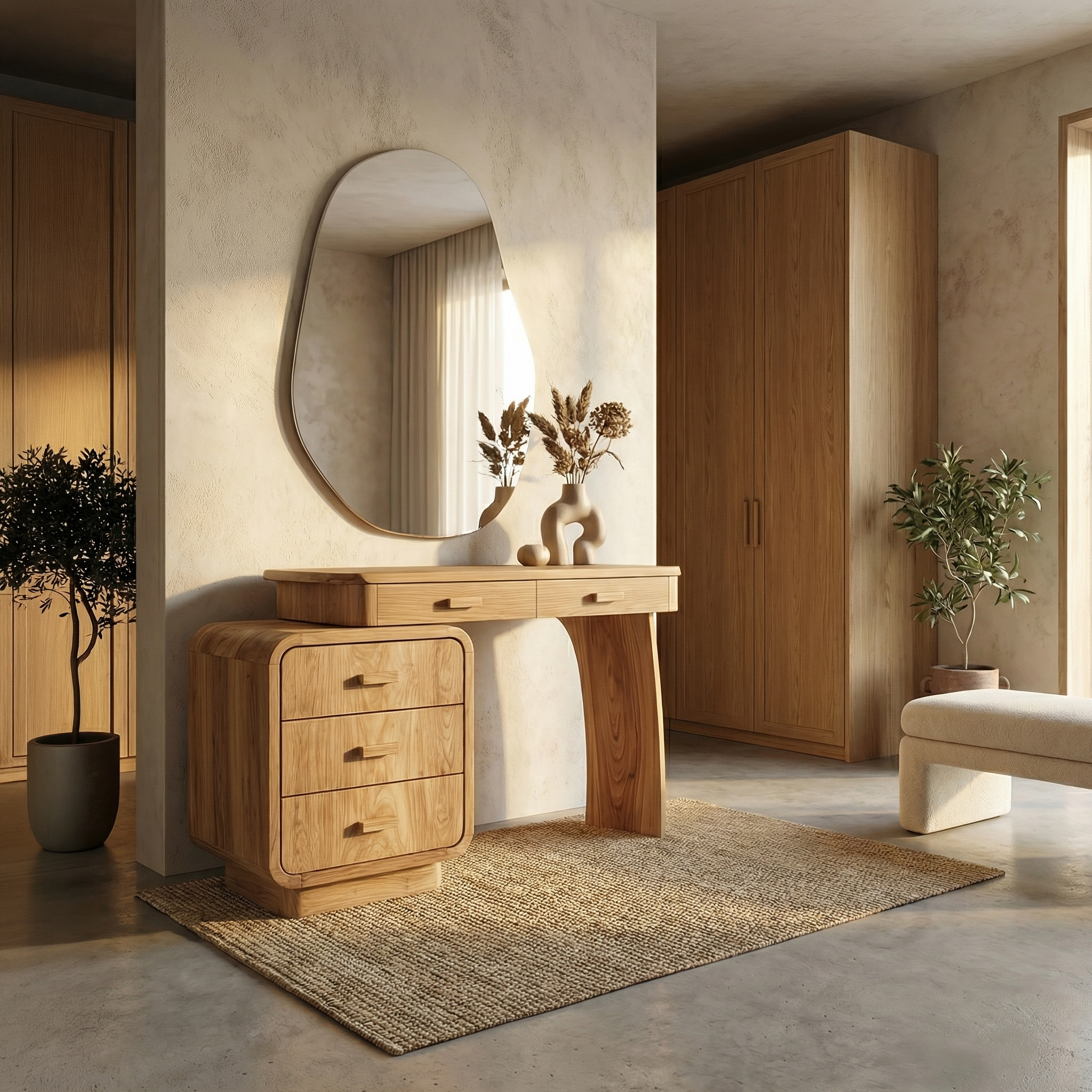 Minimalist Vanity Dressing Table With Storage Cabinet Curved Sculptural Design For Bedroom SINLSABDT054