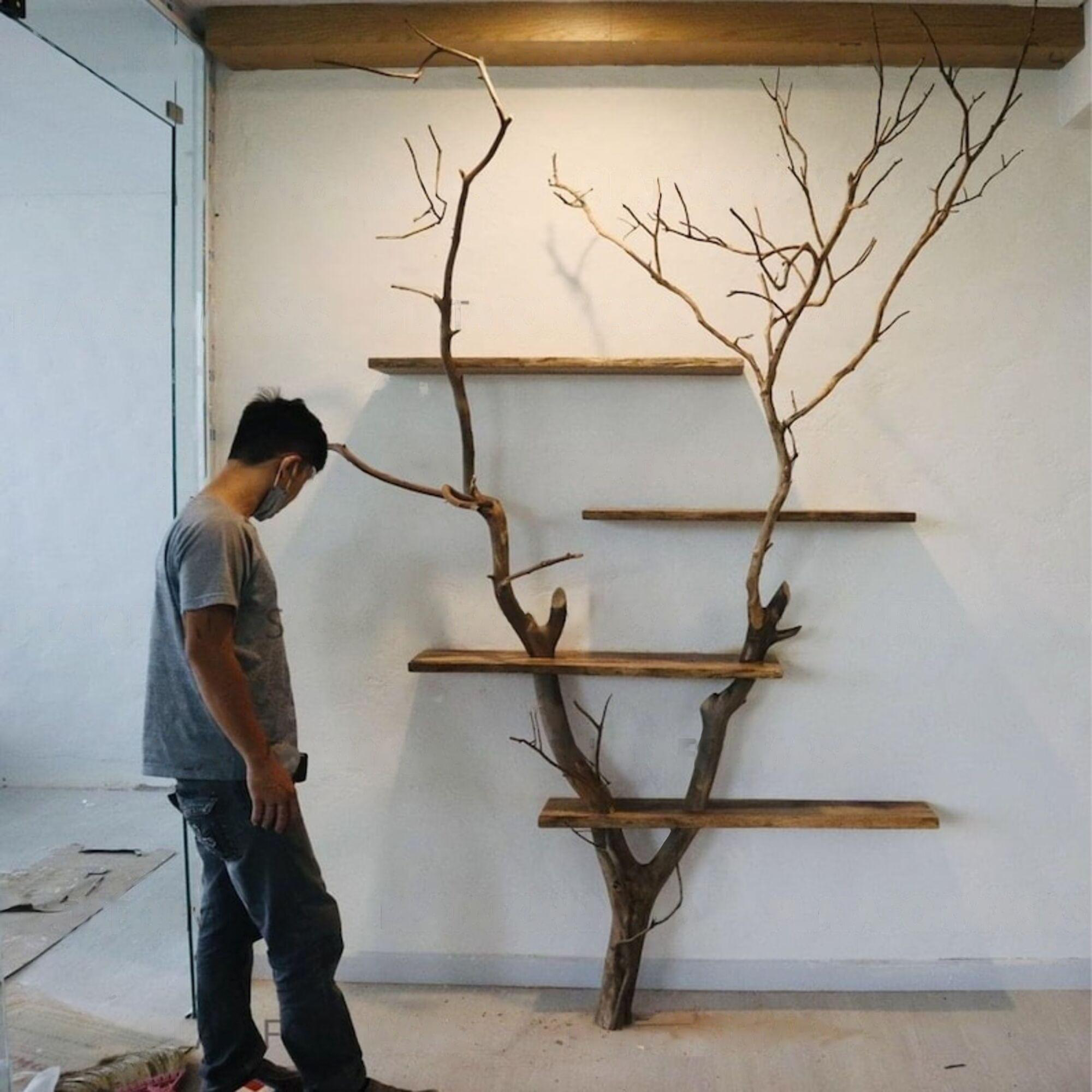 Tree Bookshelf Wild Mulberry Wood Wall Mounted Design For Living Room SINLTB001