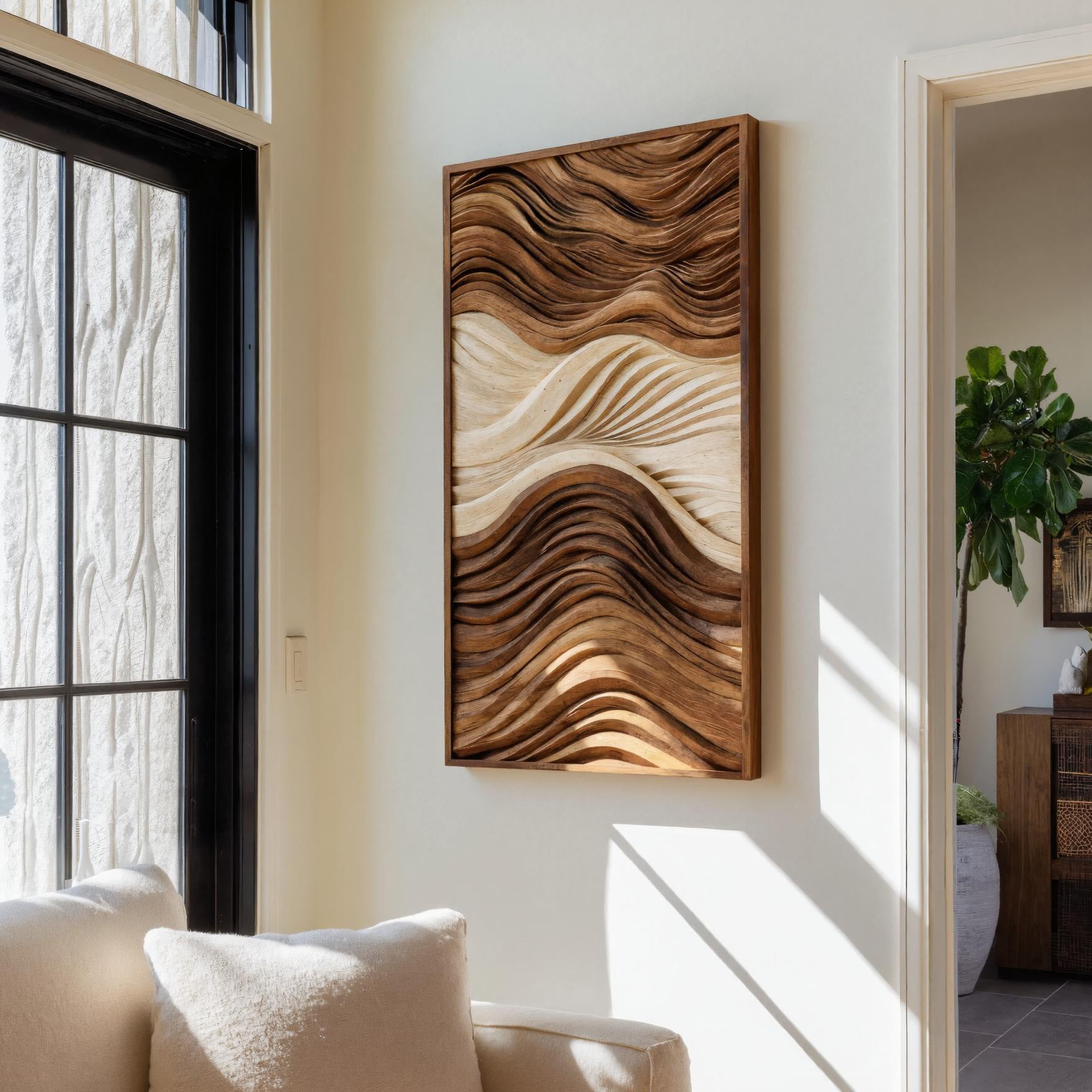 Vertical Sculptural Wall Art With Wave Carved Design For Entryway SITHHNWA044