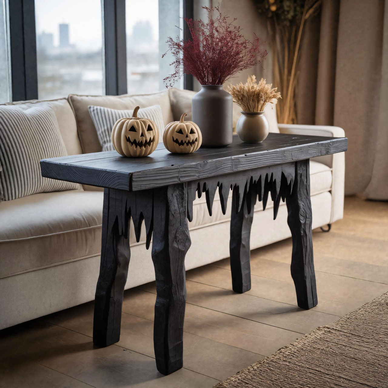 Rustic Black Wooden Halloween Console Table With Dripping Edge Design For Entryway SITHTTHW002