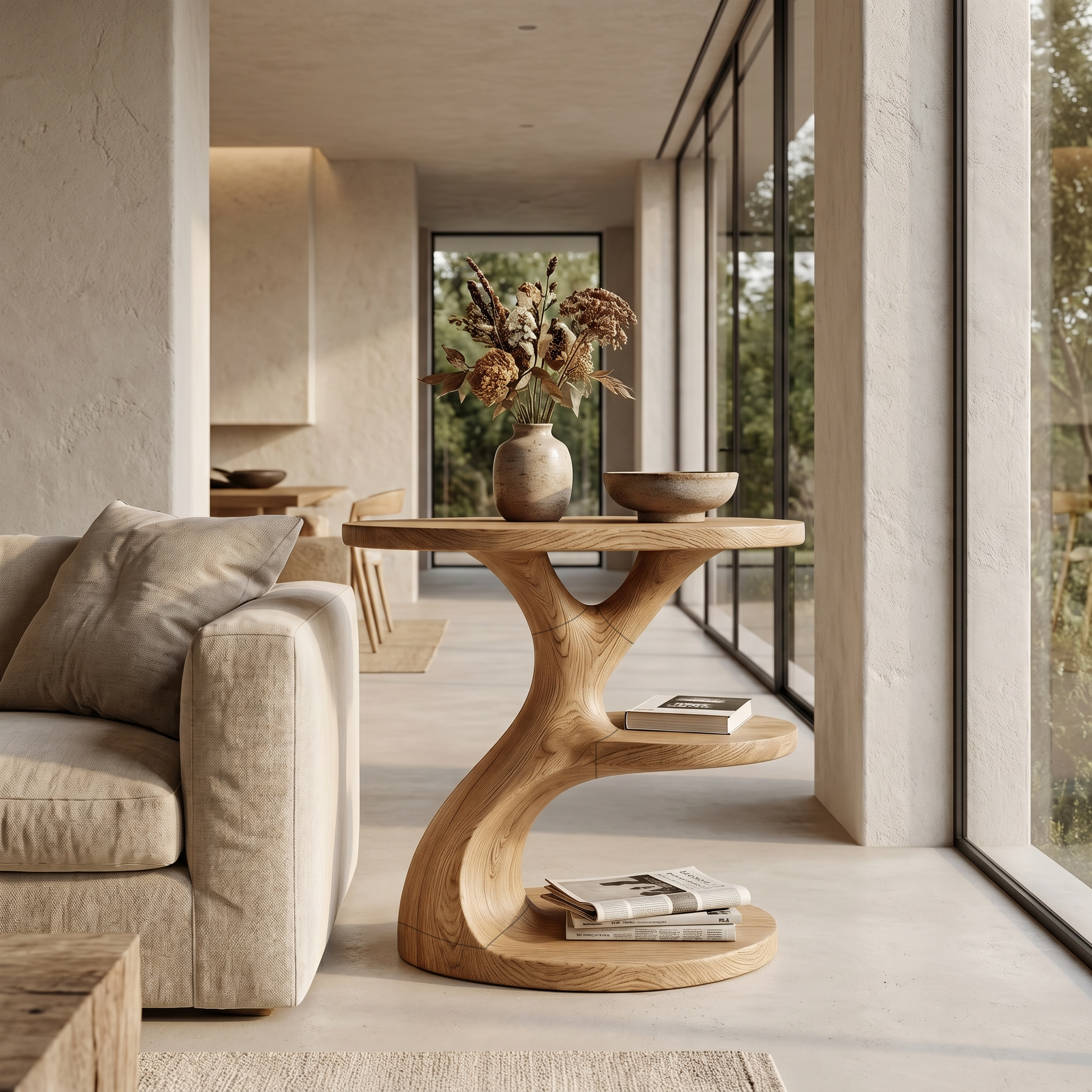 Modern Organic Side Table With Multi Level Wood Shelves For Living Room And Bedroom SINLHABT255