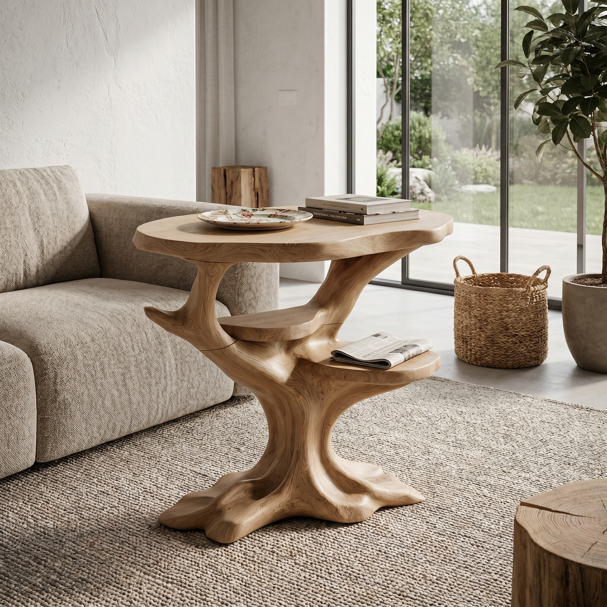 Organic Sculptural Side Table With Solid Wood Display Shelves For Living Room And Bedroom SINLHABT257
