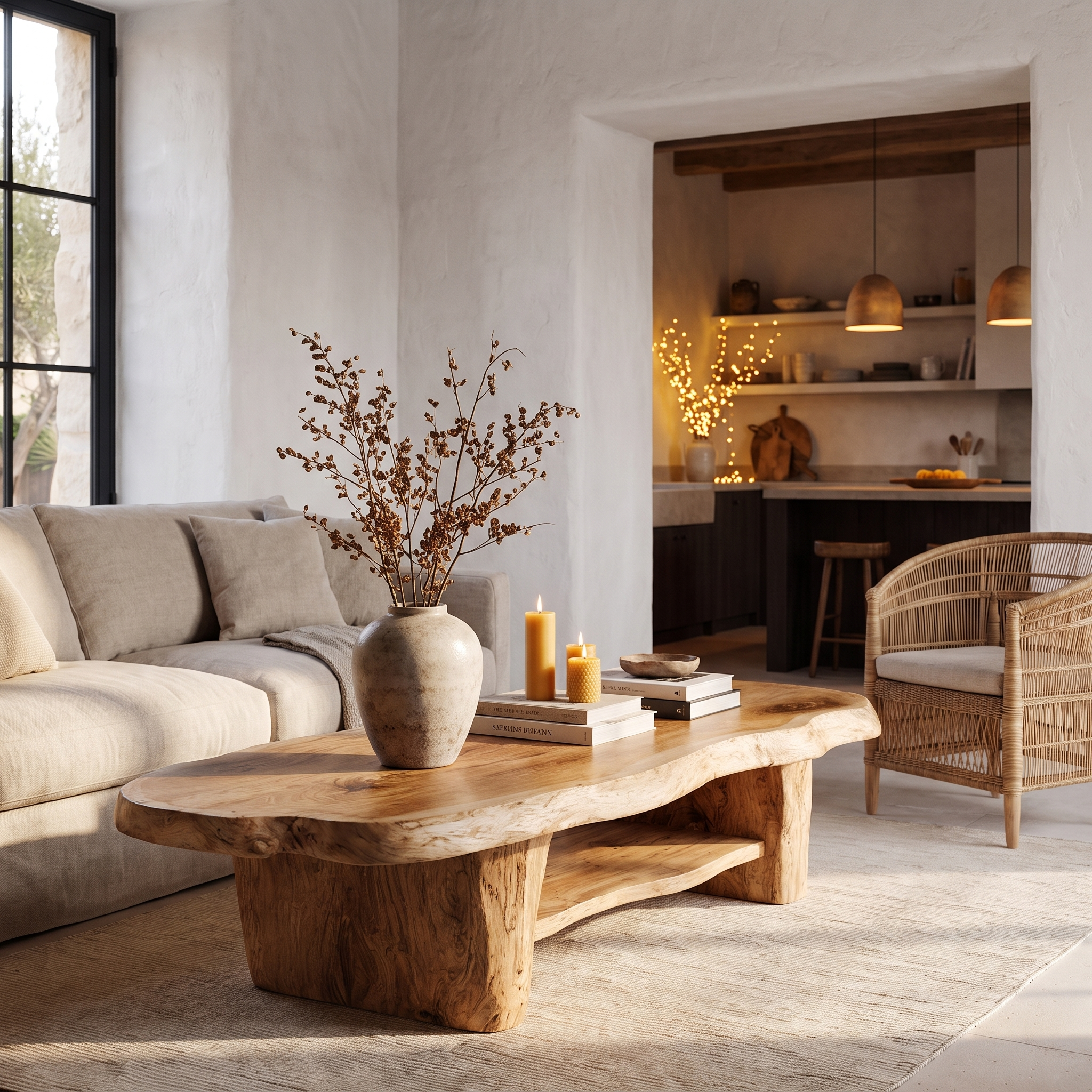 Nature Inspired Coffee Table With Sculptural Wood Base For Living Room SINLHACF411