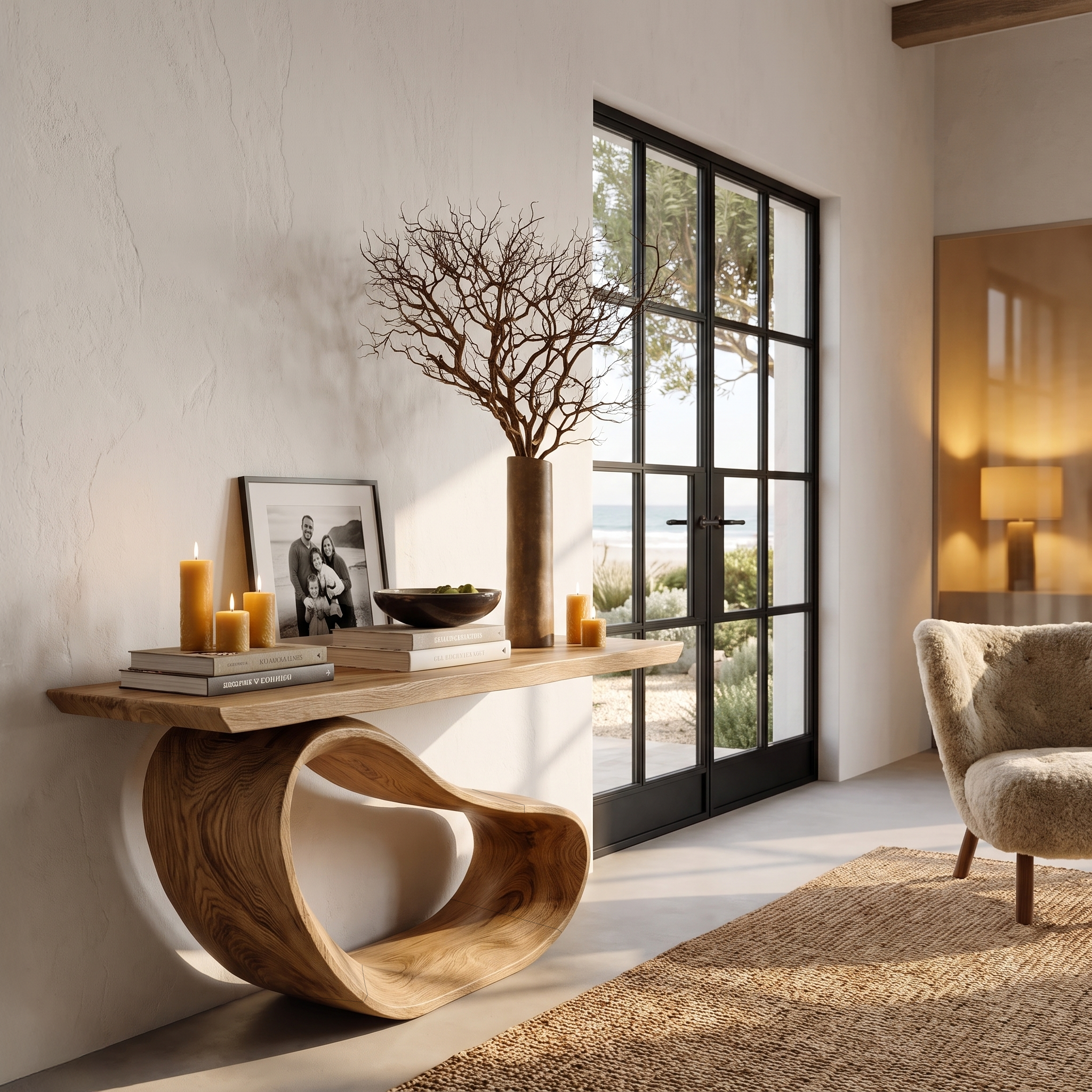 Minimalist Console Table With Sculptural Wood Base For Entryway SINLHACS669