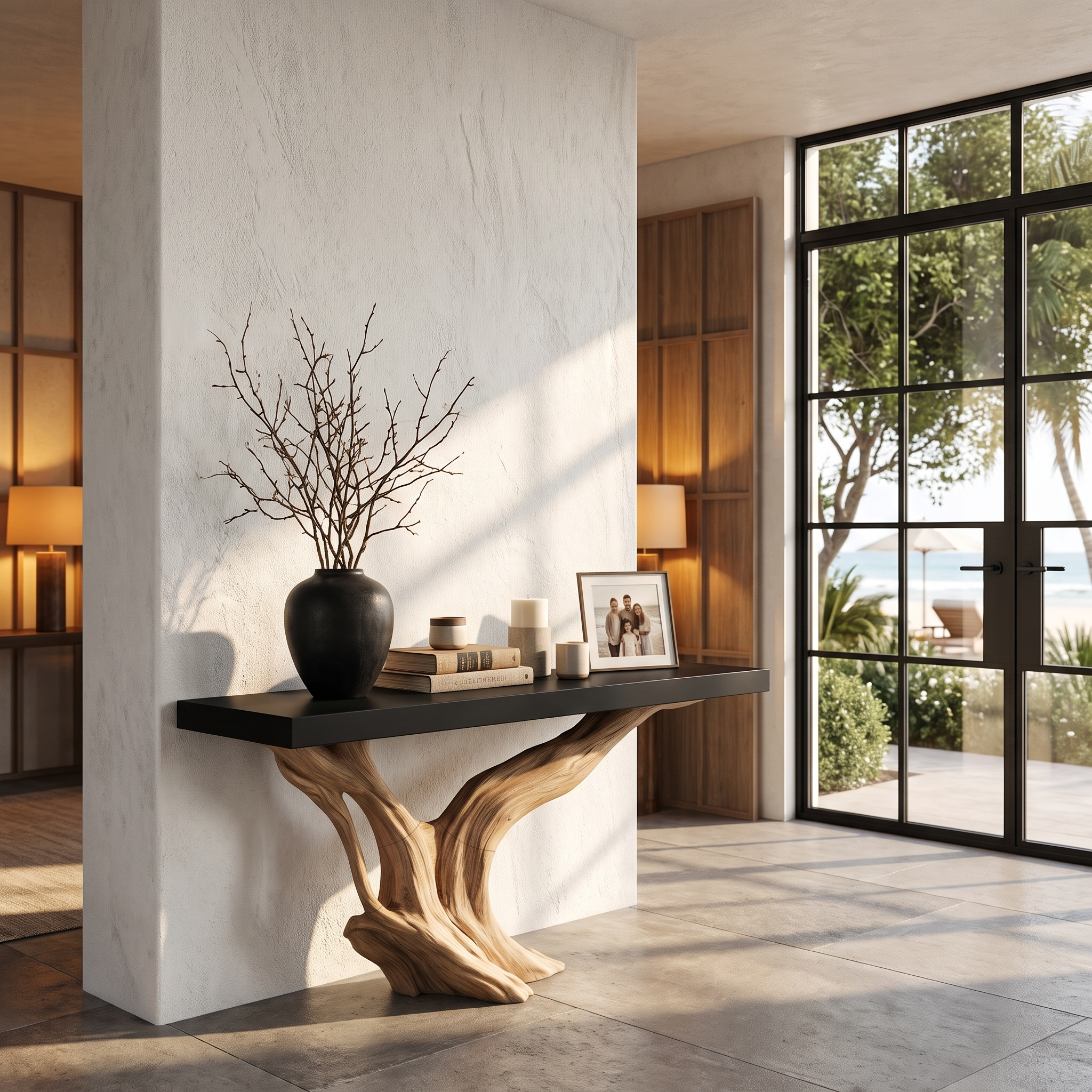 Organic Wall Mounted Console Table With Sculptural Wood Base For Hallway SINLHACS671