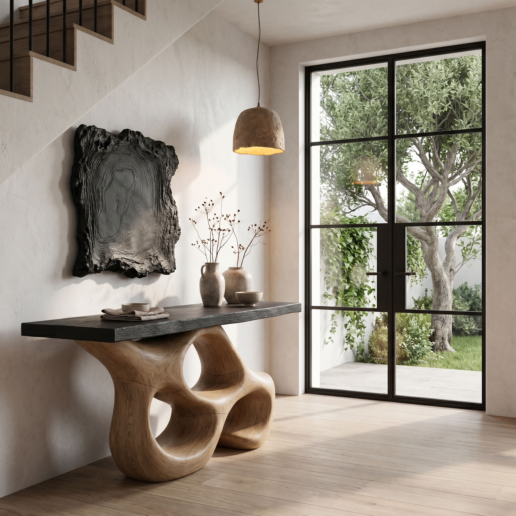 Artistic Sculptural Console Table With Abstract Hollow Wood Base For Living Room SINLHACS579