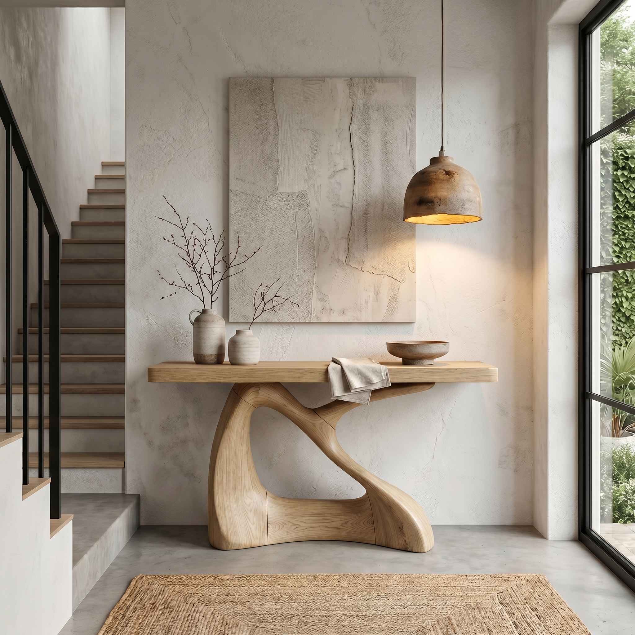 Sculptural Console Table With Twisted Wooden Base For Entryway SINLHACS581