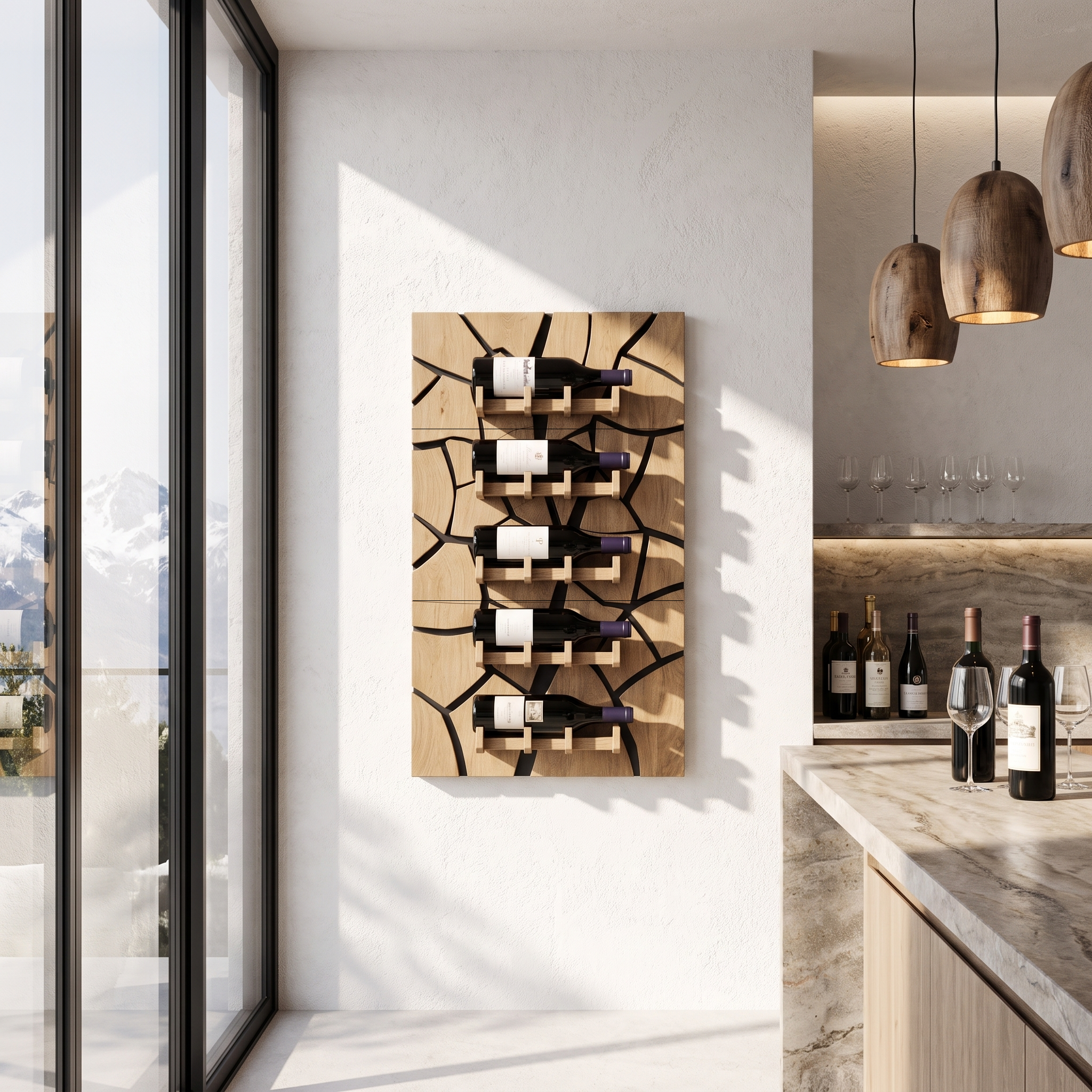 Rustic Wall Mounted Wine Holder With Geometric Bottle Display For Dining Room SINLHAWH046
