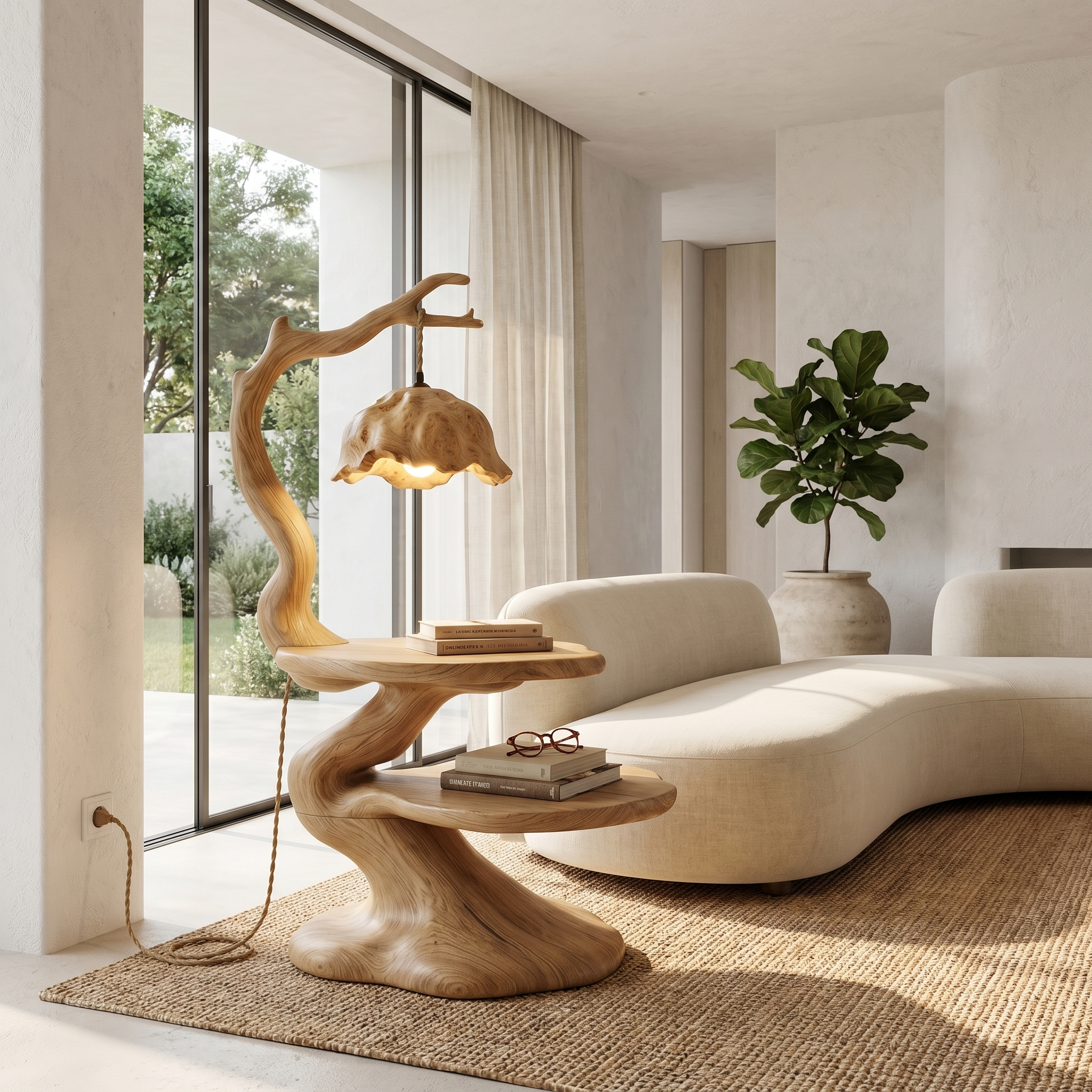 Rustic Beside Table With Tree Root Design And Hanging Lamp For Bedroom SINLHABT264