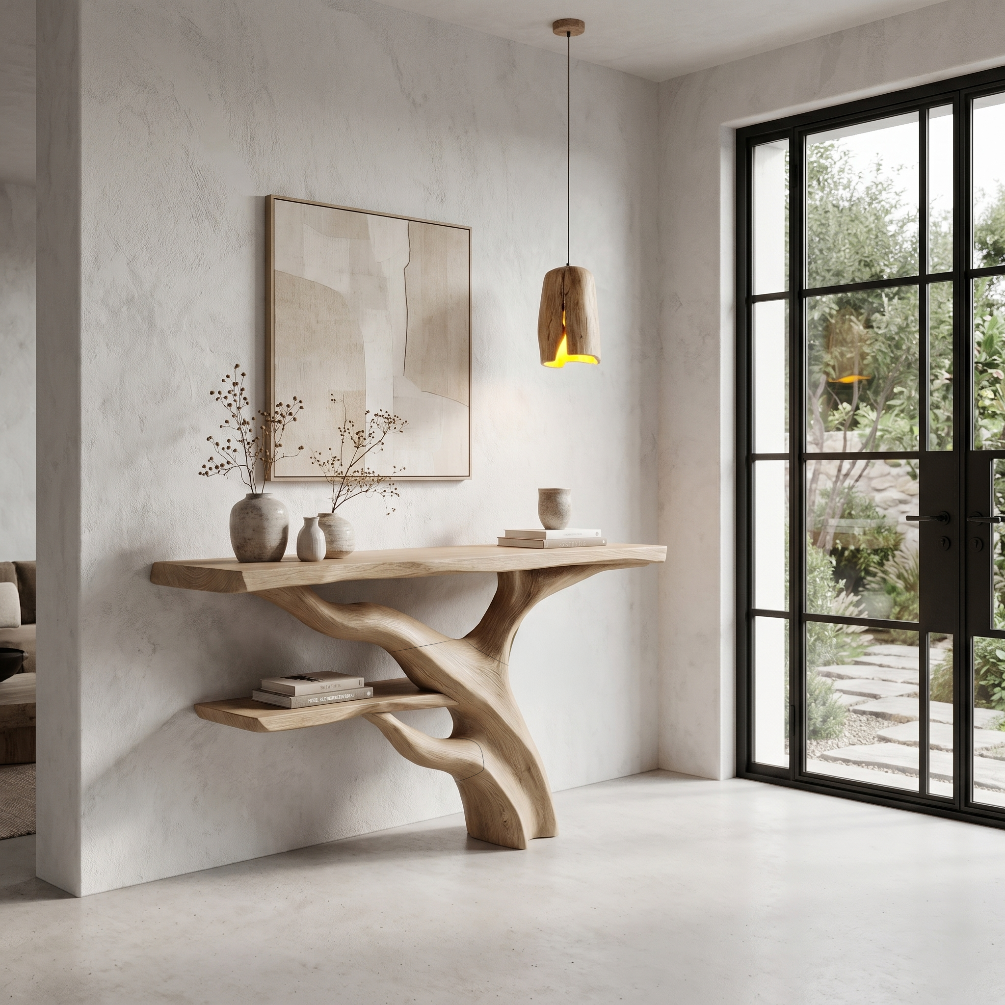 Sculptural Console Table With Abstract Branch Inspired Base And Solid Wood Top For Entryway SINLHACS588