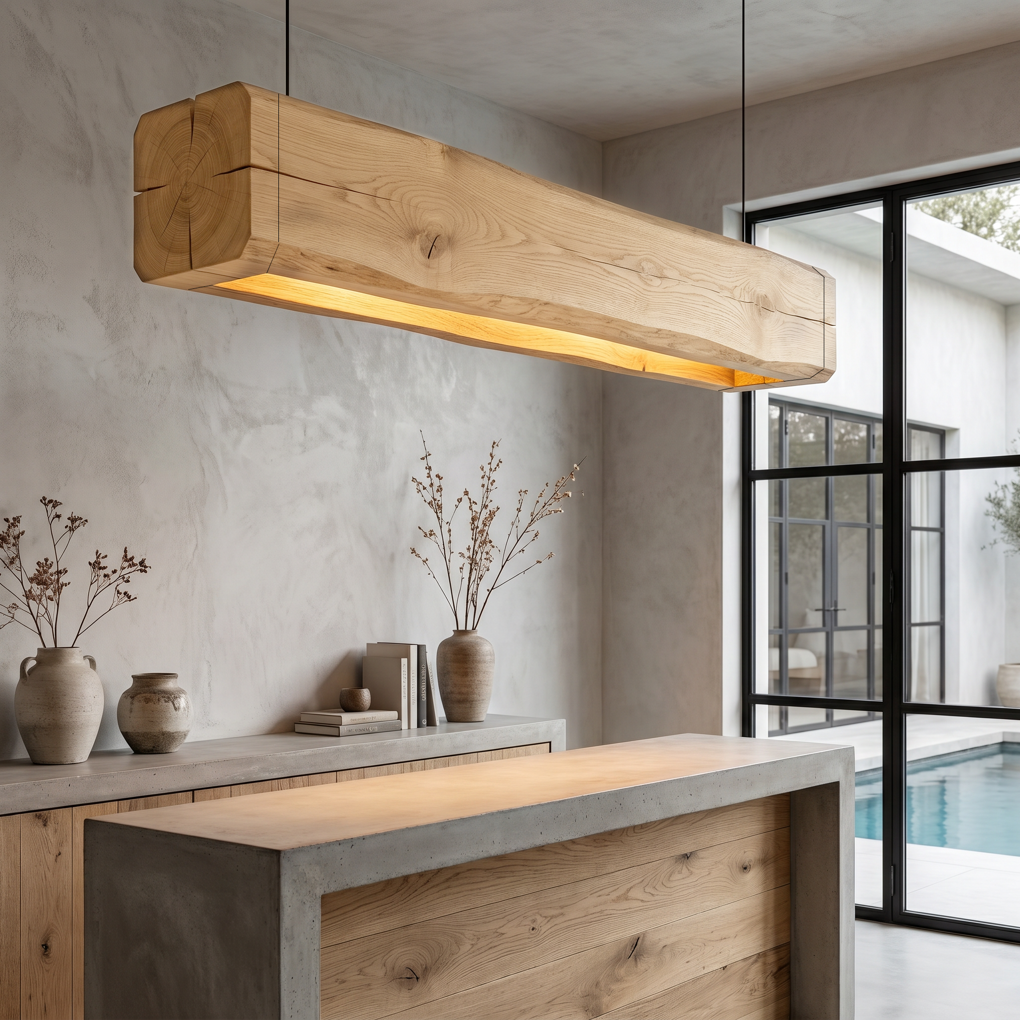 Organic Modern Pendant Light With Sculptural Wood Beam For Living Room And Kitchen SINLHAPL013