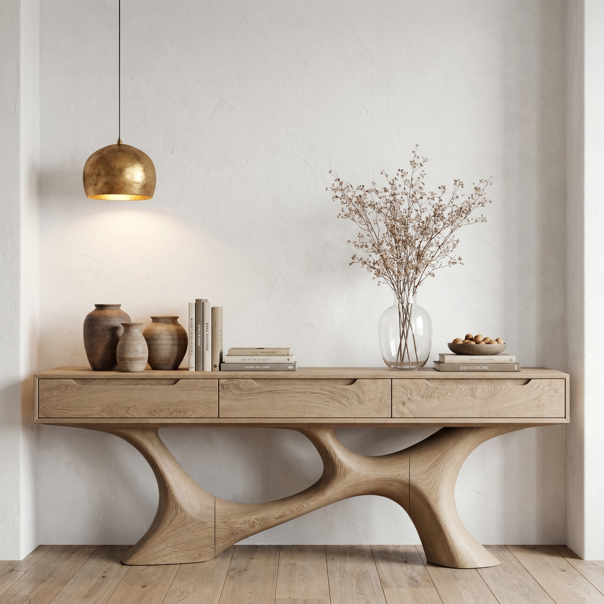 Modern Console Table With Built In Storage Cabinet And Sculptural Curved Wood Base For Entryway And Living Room SINLHACS591