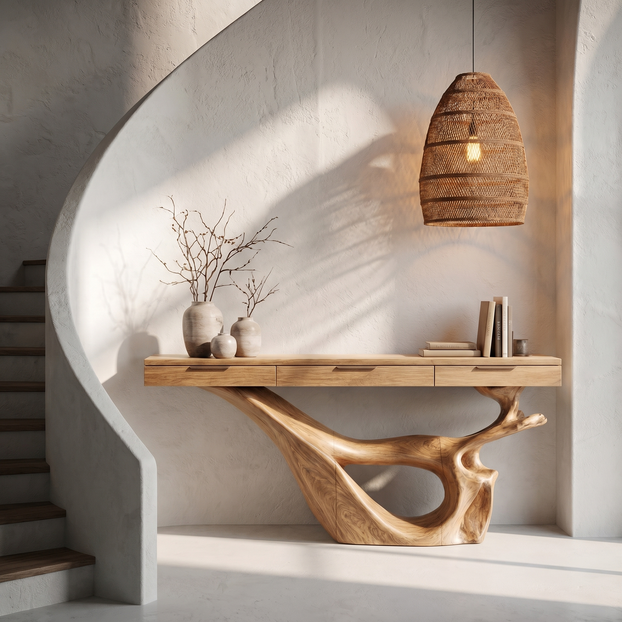 Minimal Console Table With Sculptural Curved Loop Wood Base And Solid Wood Top For Entryway And Living Room SINLHACS592