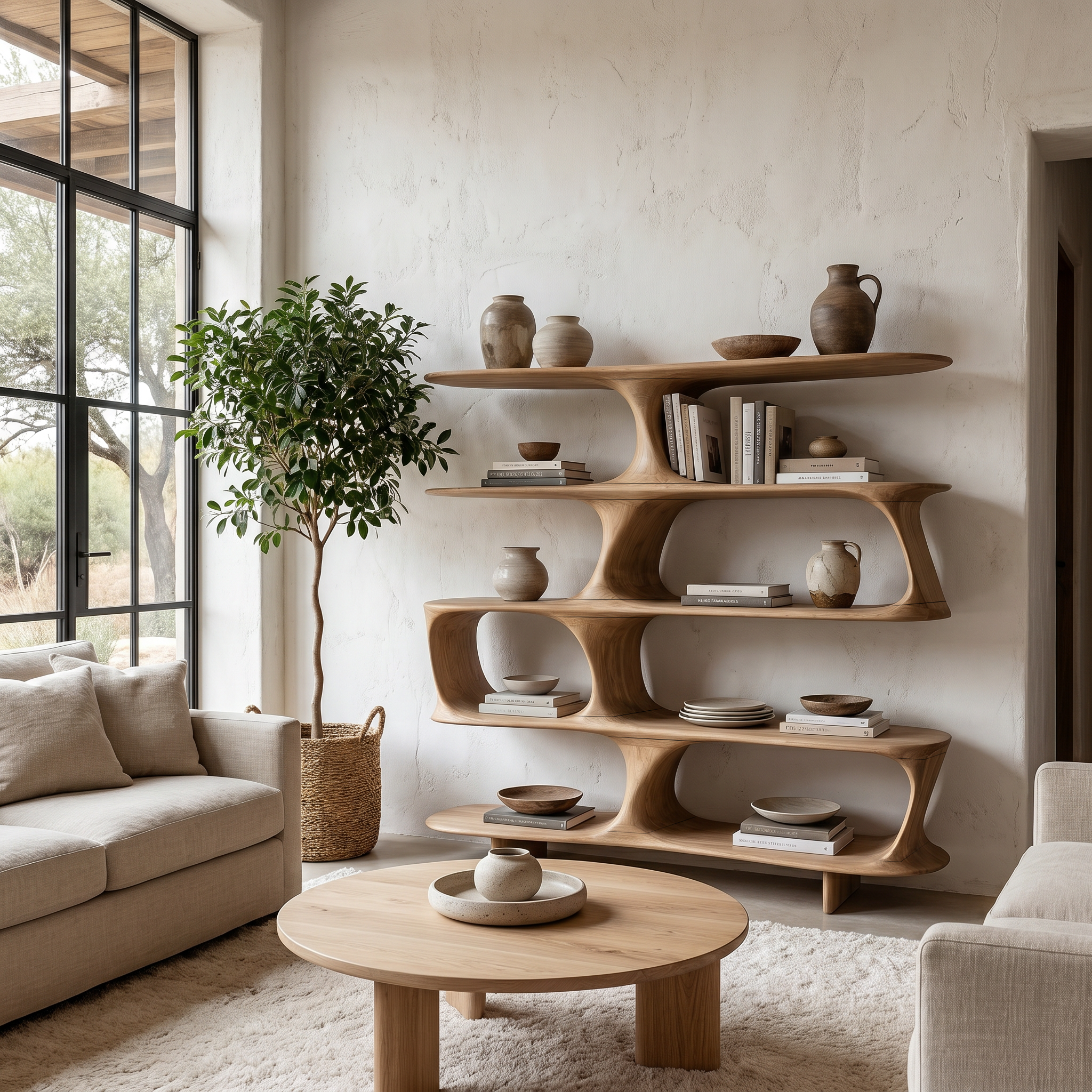 Organic Tree Bookshelf With Sculptural Curved Shelves And Open Display Storage For Living Room SINLHABS039
