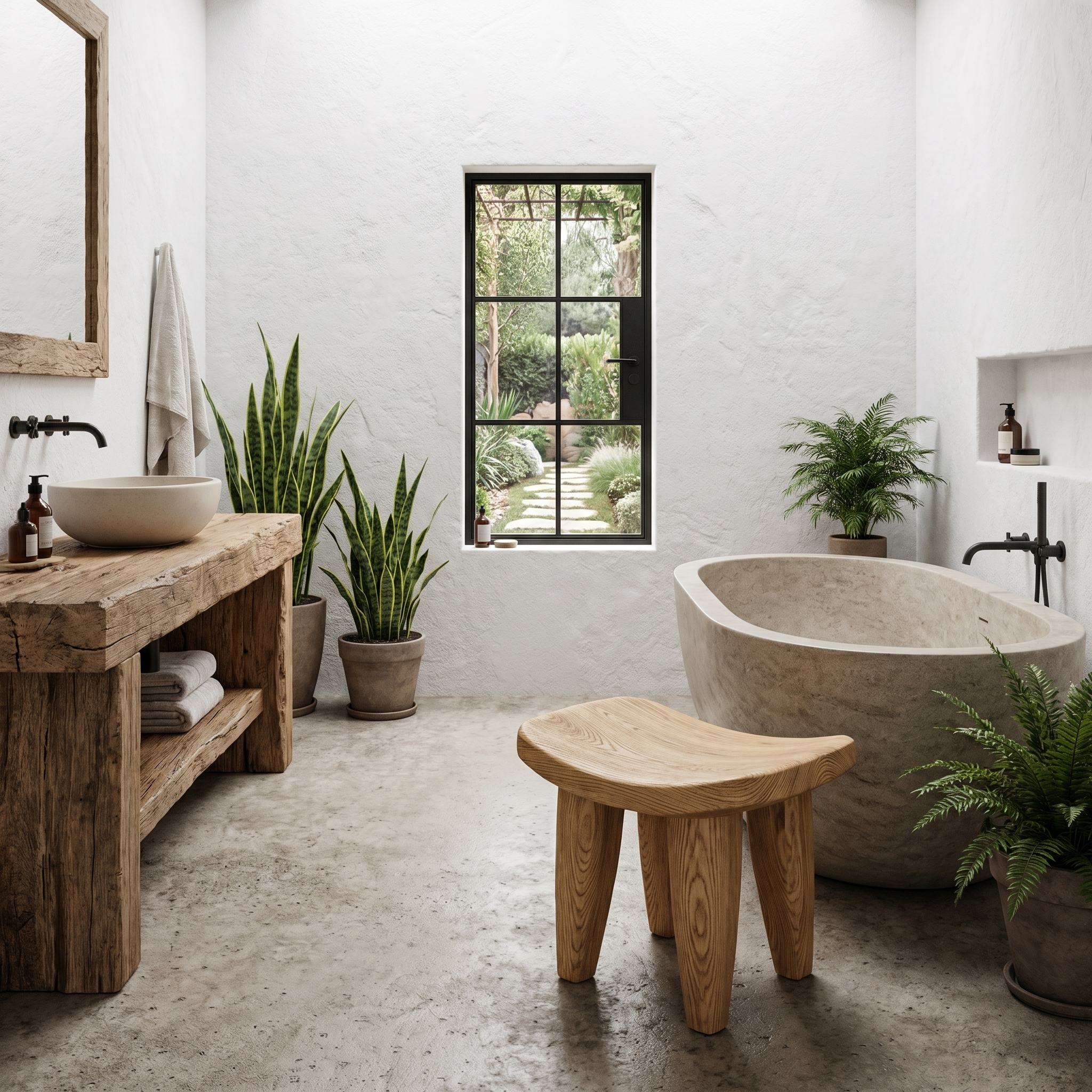Rustic Wooden Stool With Artistic Solid Wood Form For Bathroom SINLHAWS008