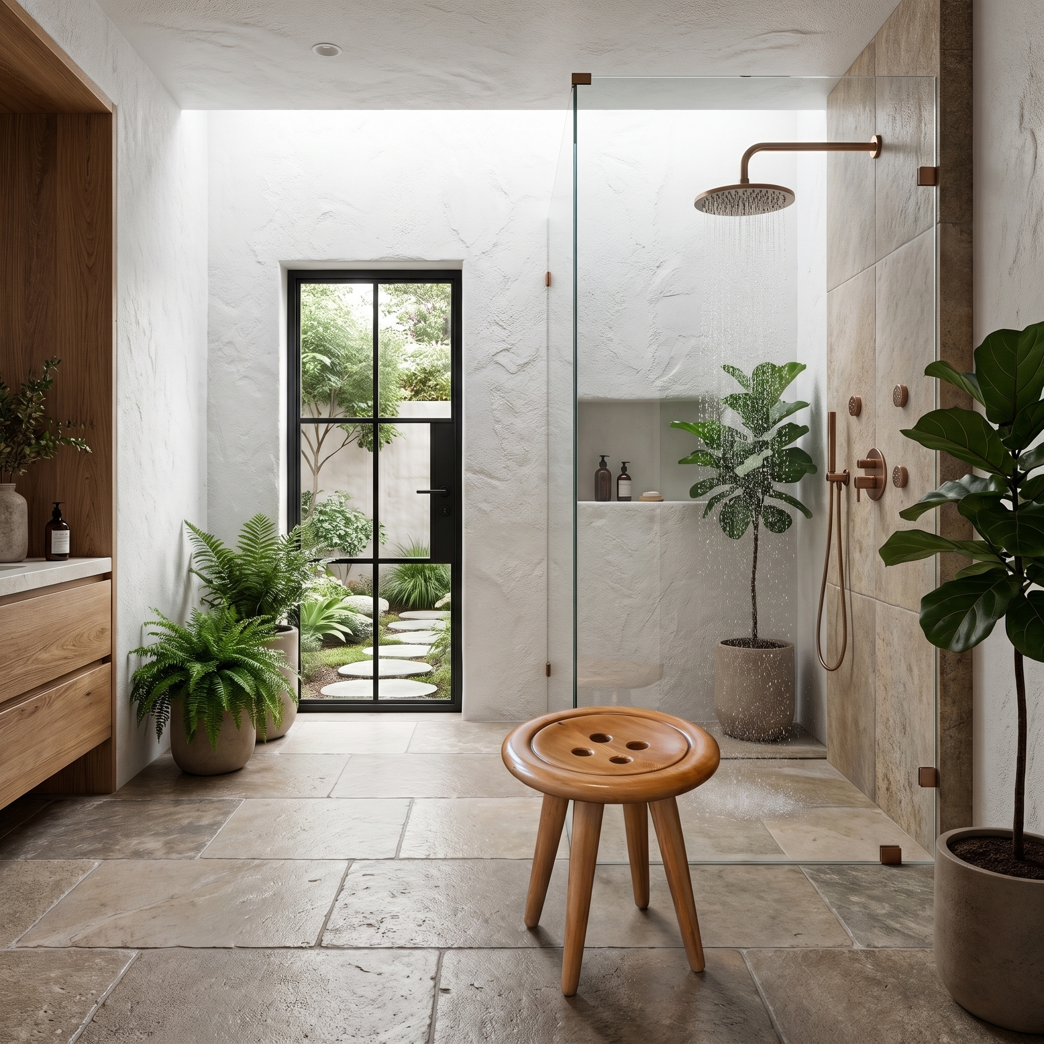 Modern Organic Shower Stool With Handcrafted Wood Design For Bathroom SINLHAWS011