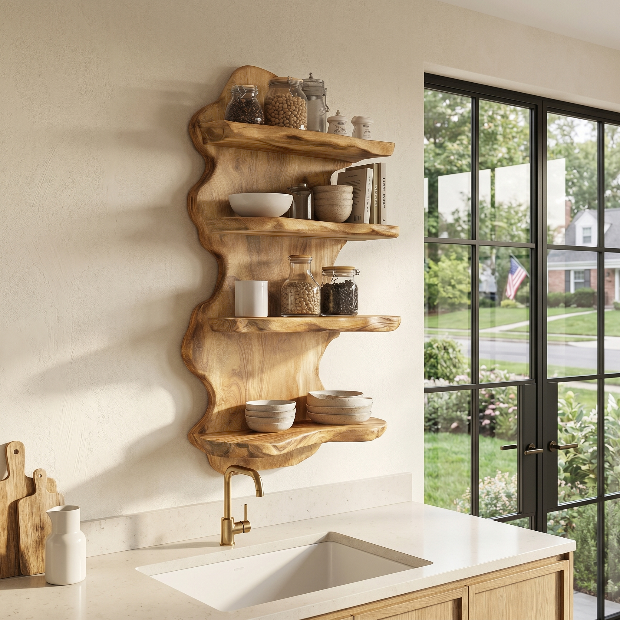 Sculptural Floating Shelf With Organic Wooden Form For Living Room And Kitchen SINLHAFL553