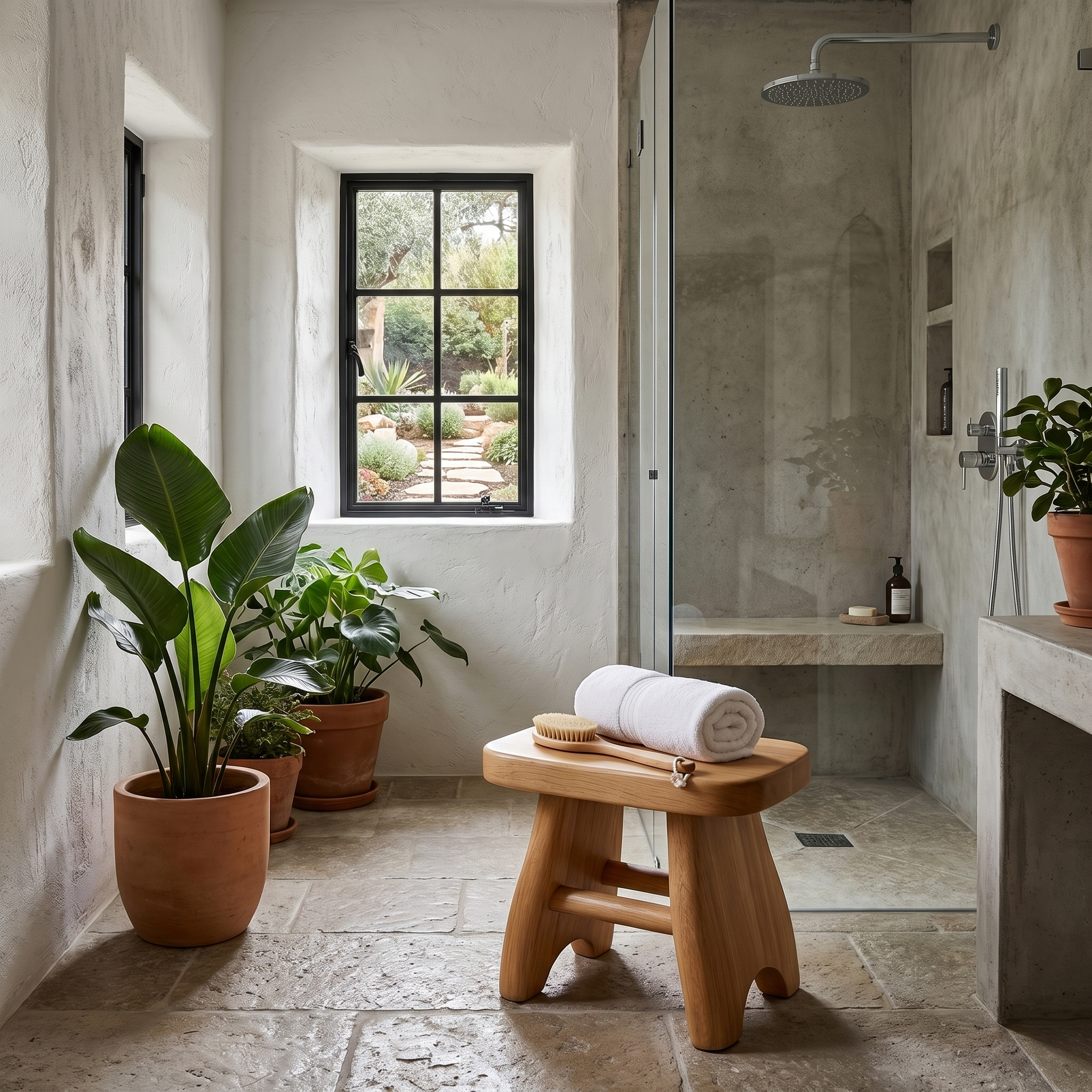 Rustic Shower Bench With Solid Wood Construction For Bathroom And Spa SINLHAWS012