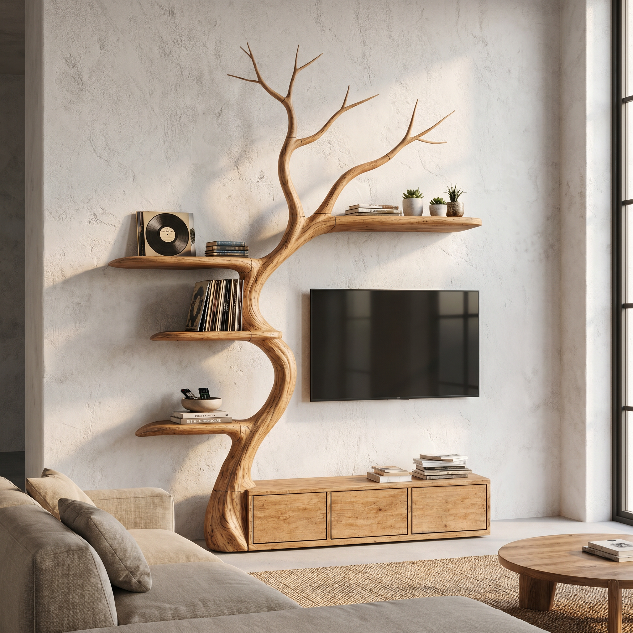 Rustic Tree Branch TV Cabinet With Integrated Display Shelves For Living Room SINLHATC039
