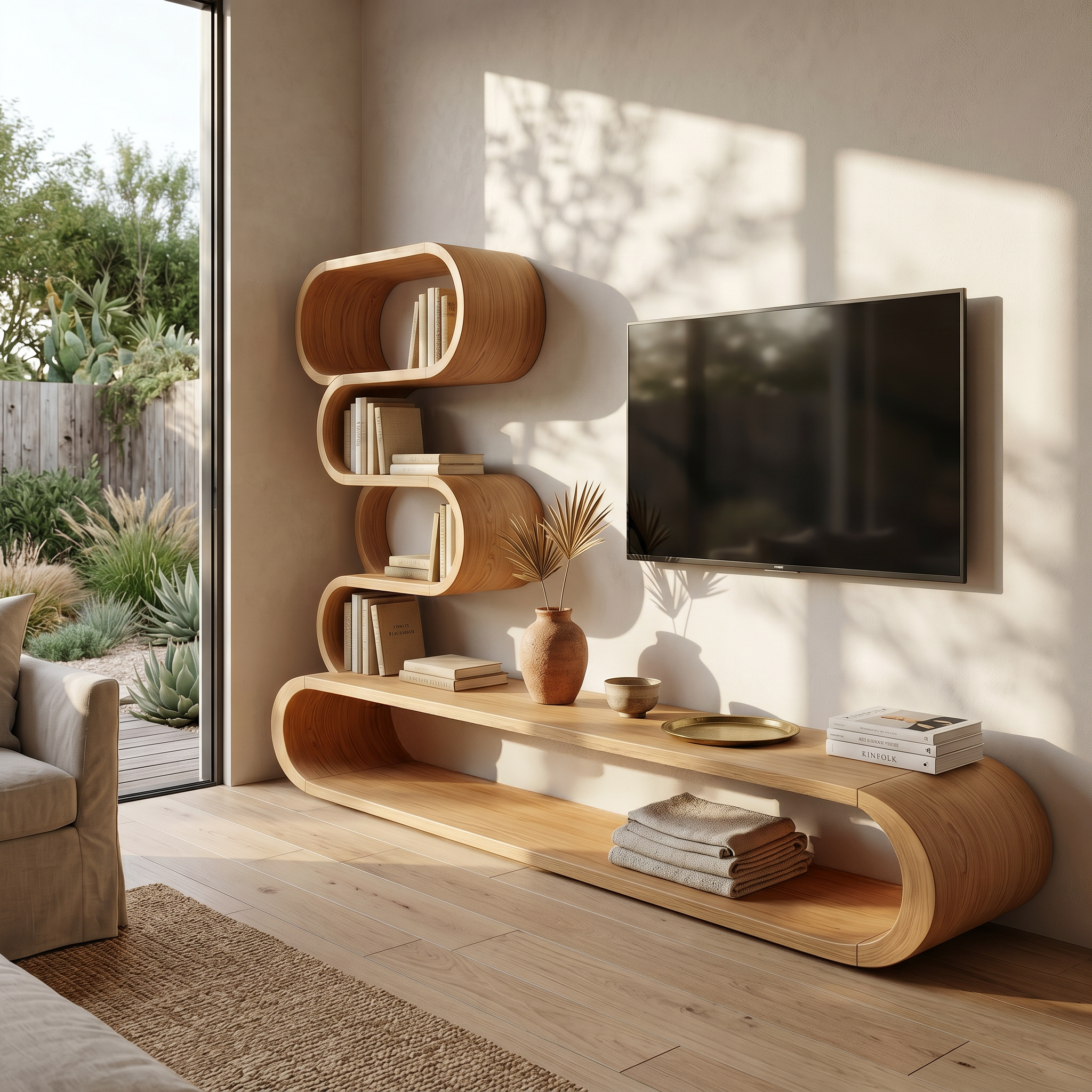 Organic TV Cabinet With Integrated Display Shelves And Rounded Storage Design For Living Room SINLHATC044