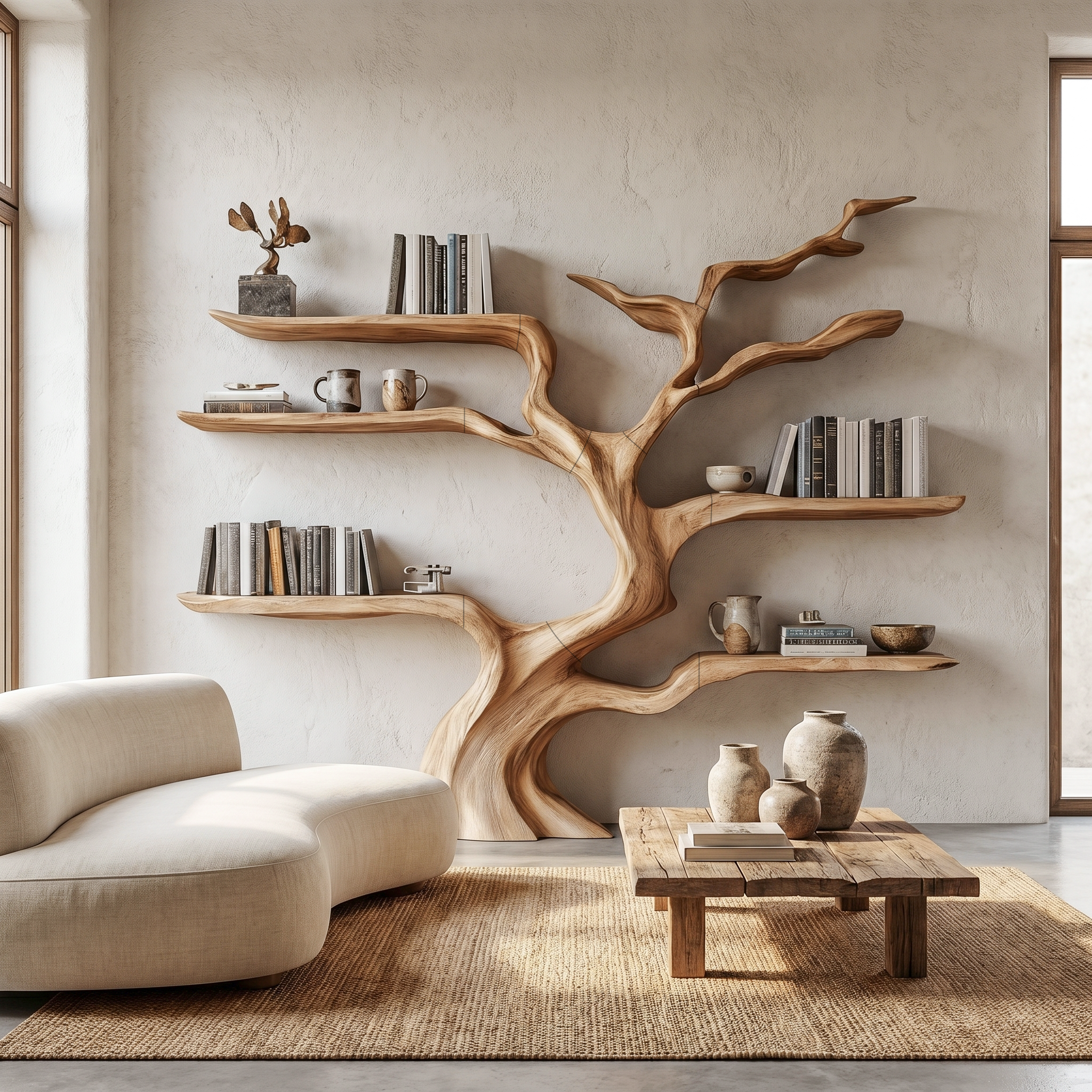 Nature Inspired Tree Bookshelf With Floating Wooden Shelves For Living Room Decor SINLHATB753