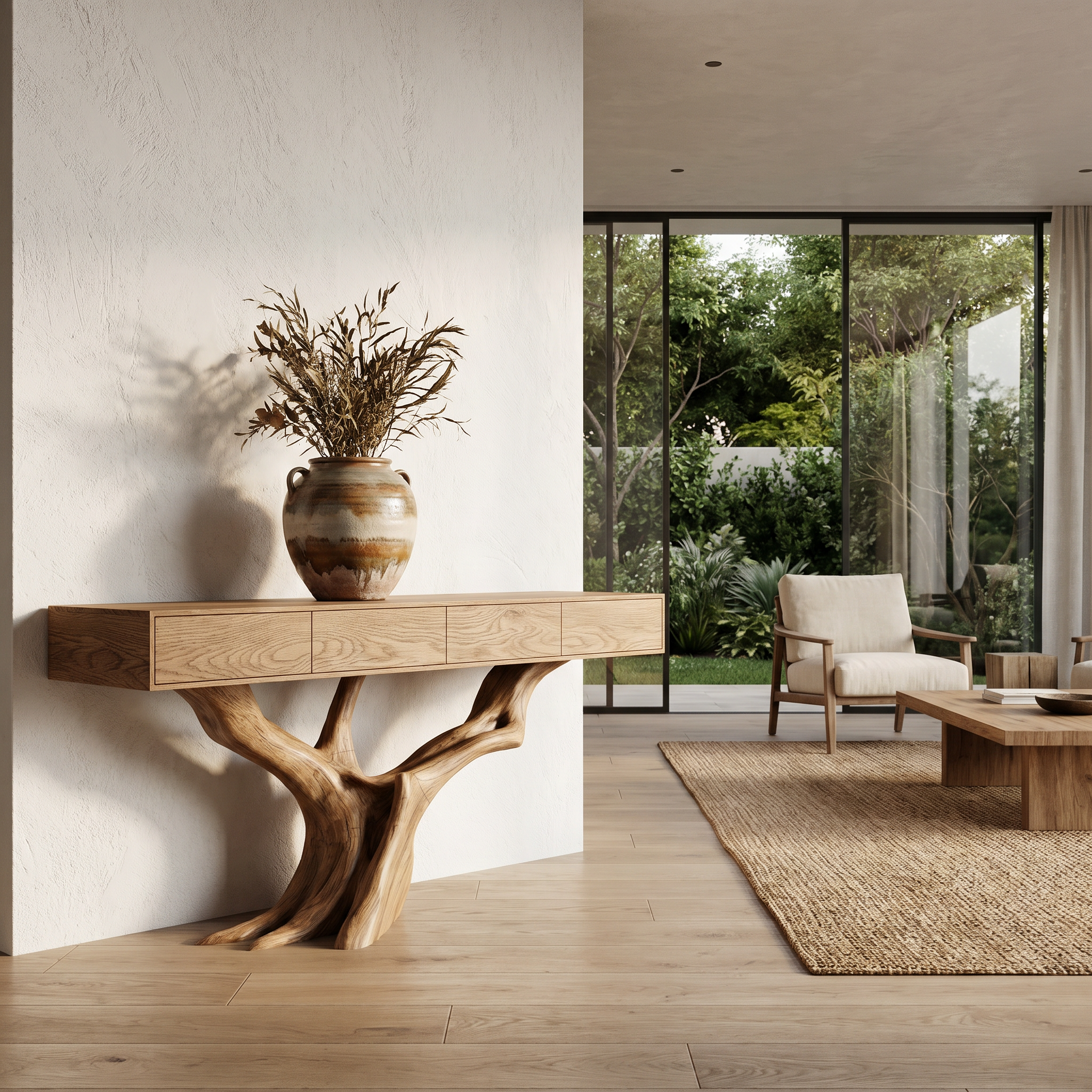 Rustic Live Edge Console Table With Sculptural Tree Branch Base For Entryway And Living Room SINLHACS616