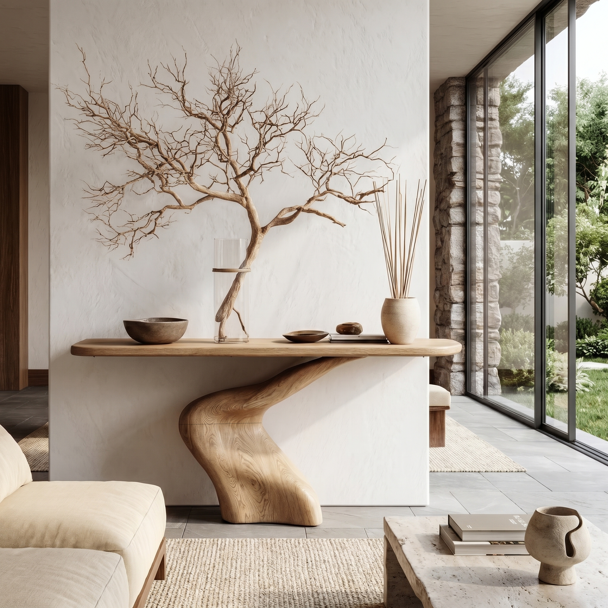 Organic Console Table With Sculptural Twisted Solid Wood Base For Entryway And Living Room SINLHACS617