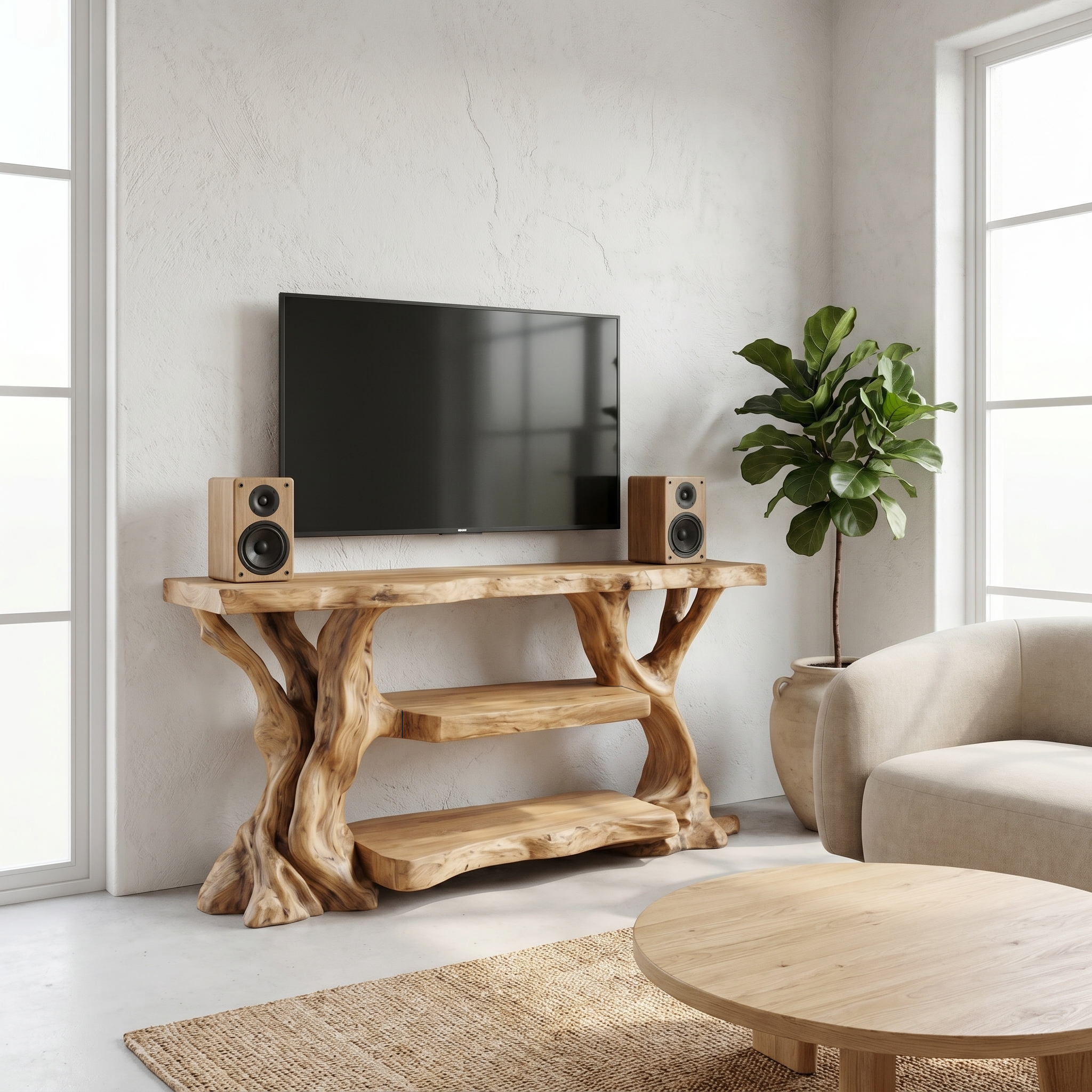 Rustic TV Stand With Natural Wood Sculptural Frame For Living Room SINLHATC066
