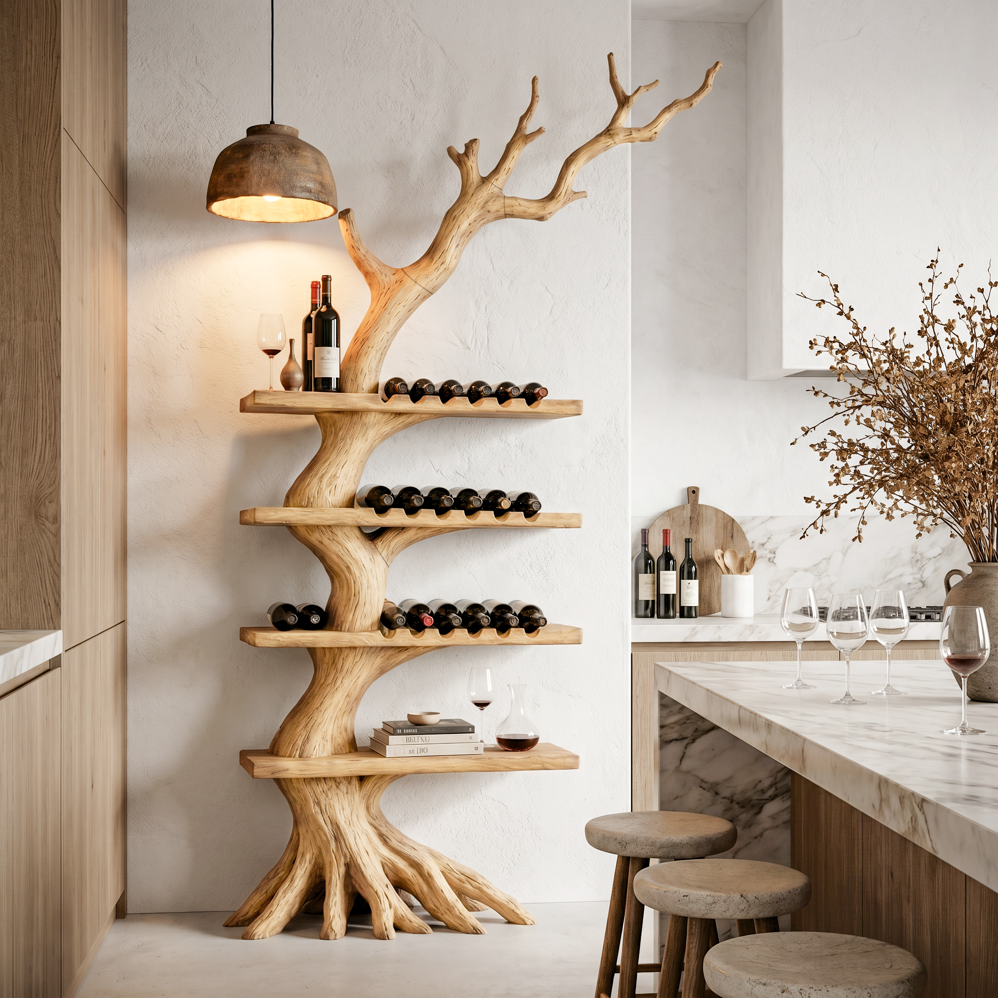 Rustic Tree Wine Rack With Solid Wood Shelves And Branch Inspired Wall Mounted Design For Dining Room SINLHAWR034