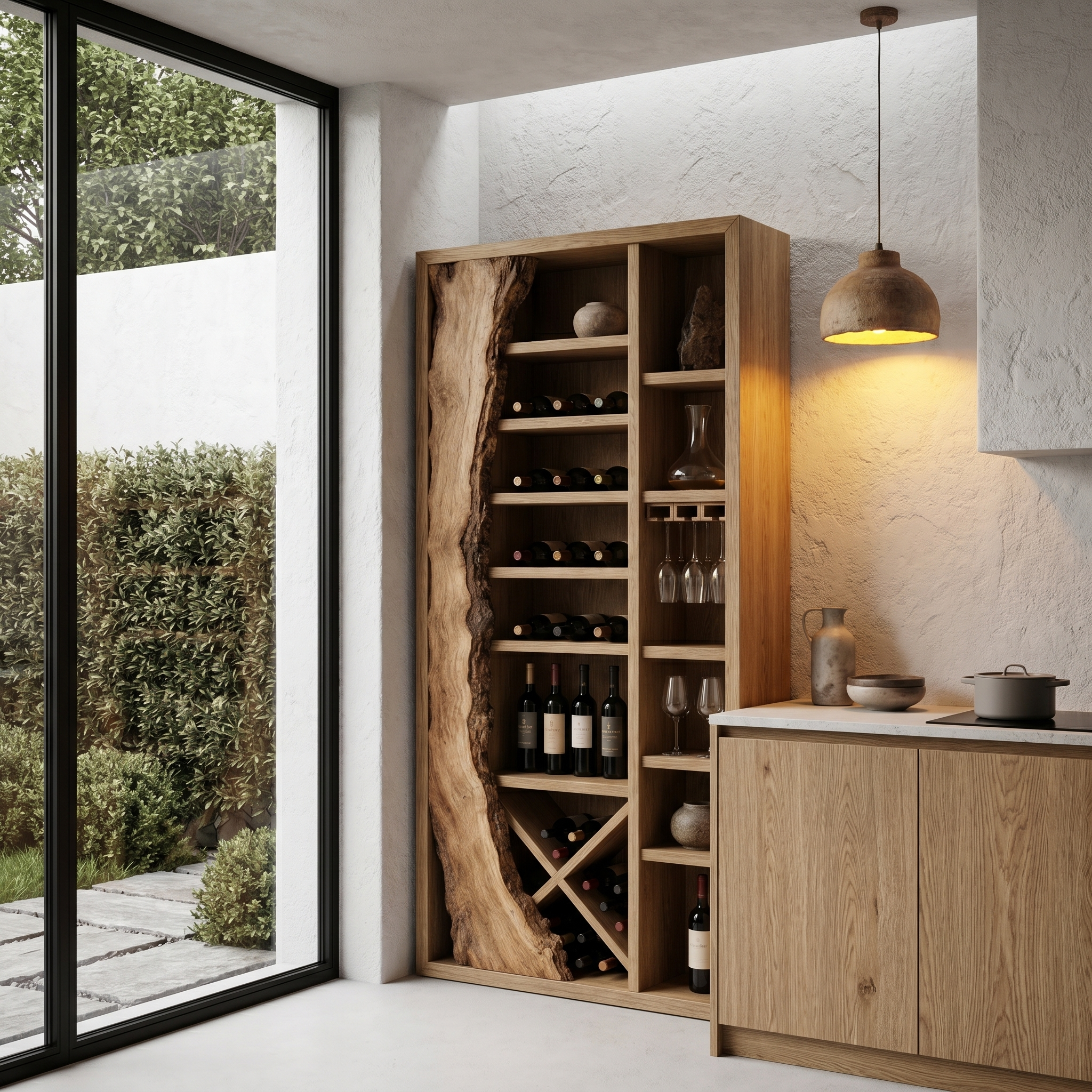 Rustic Wine Cabinet With Live Edge Wood Inlay And Built In Bottle Storage For Dining Room SINLHAWR033