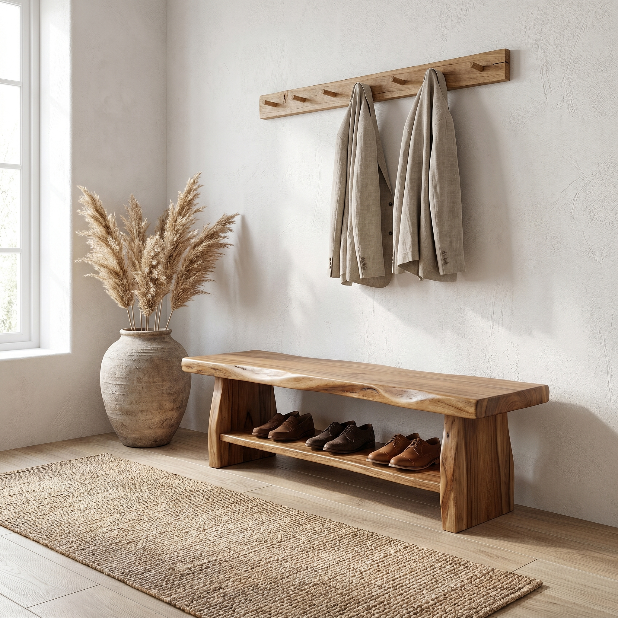 Rustic Shoe Bench Natural Wood Storage For Entryway SINLHASB096