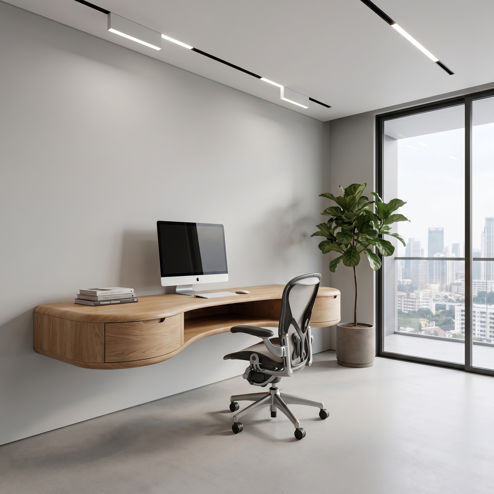 Modern Floating Desk With Built In Drawer Storage And Curved Wood Design For Home Office And Workspace SINLHADK121