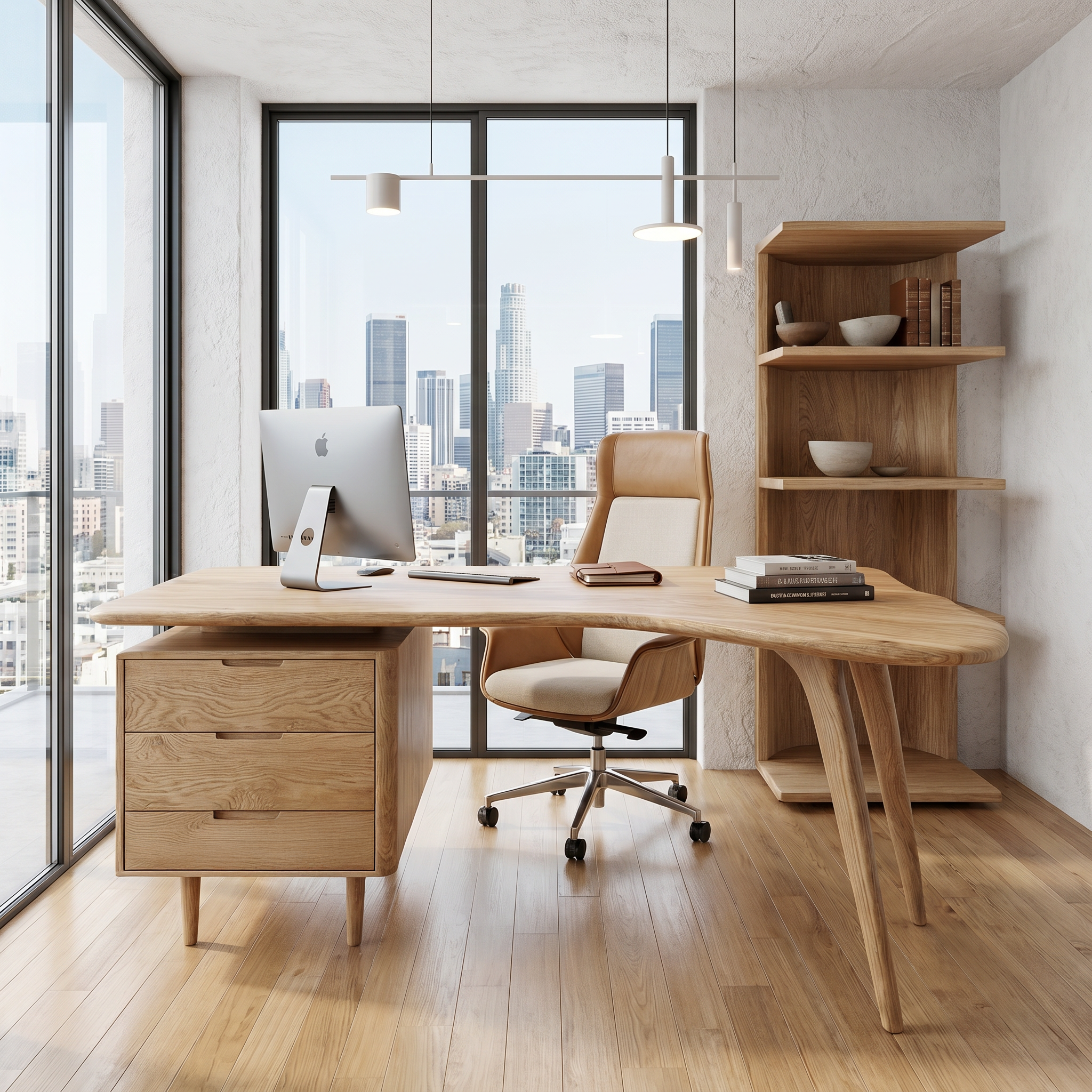 Organic Wooden Desk With Integrated Side Shelves And Built In Drawer Storage For Home Office And Workspace SINLHADK122