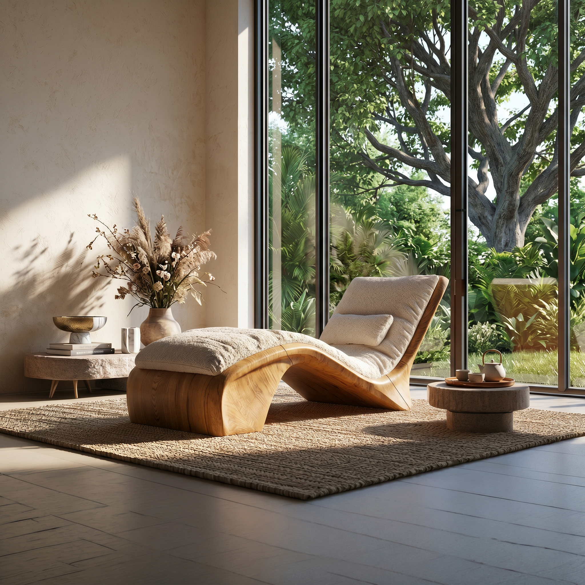 Sculptural Wood Chaise Lounge Coastal Modern Oceanfront Residence SILDTTRDB003