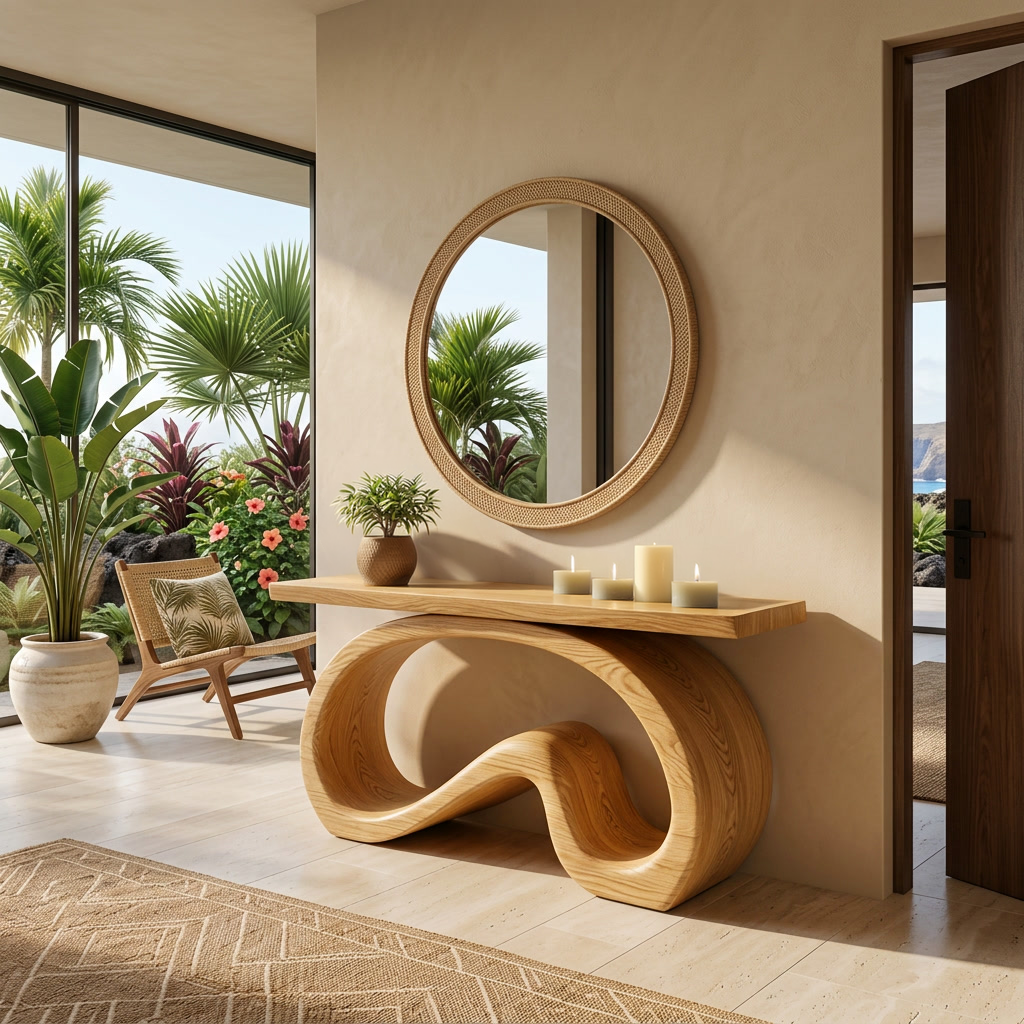 Artistic Wooden Console Table With Flowing Wood Base For Living RTTHTTCS024