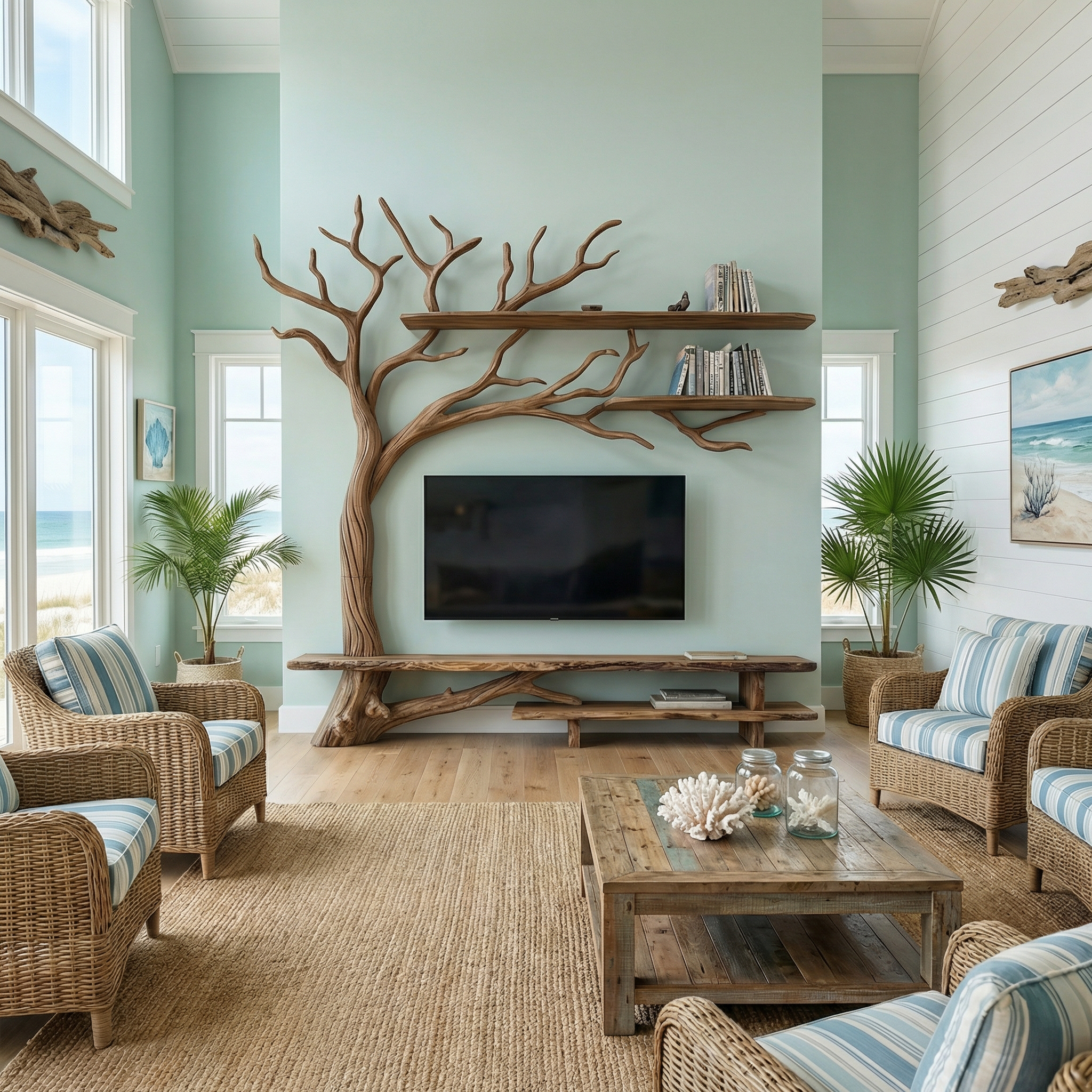 Rustic Tree Wall TV Stand System For Living Room And Media Space SINLSATB705