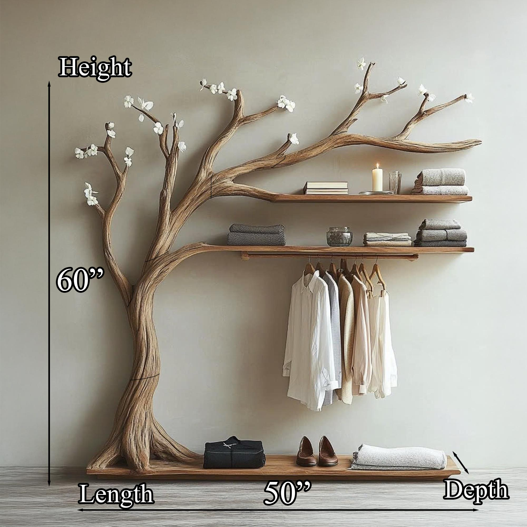 Wooden Wall Mounted Shelf Tree Branch Hanger Clothes SINLTB135