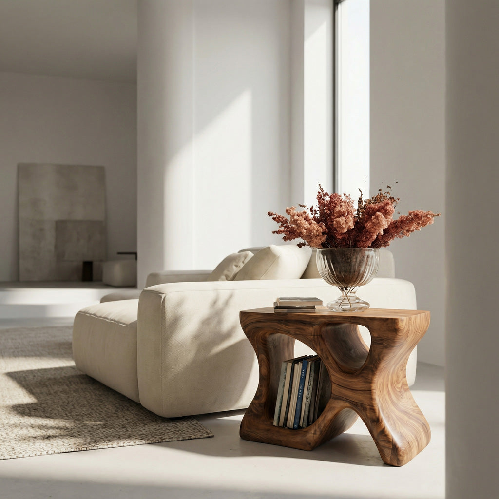 Minimalist Sculptural Wood Side Table With Storage For Living Room RTTHHNSTA017
