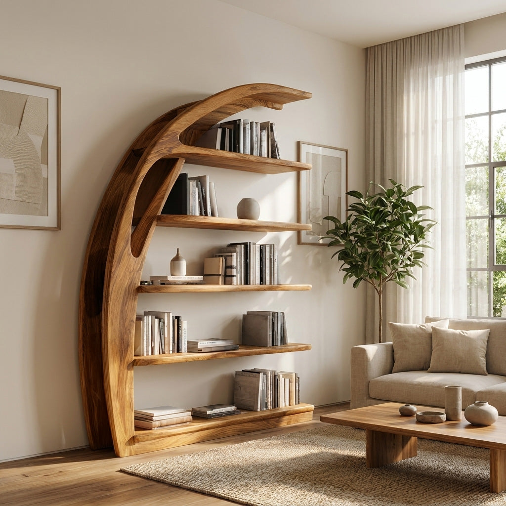 Minimal Curved Wooden Bookshelf For Living Room Display RTTHHNBS178