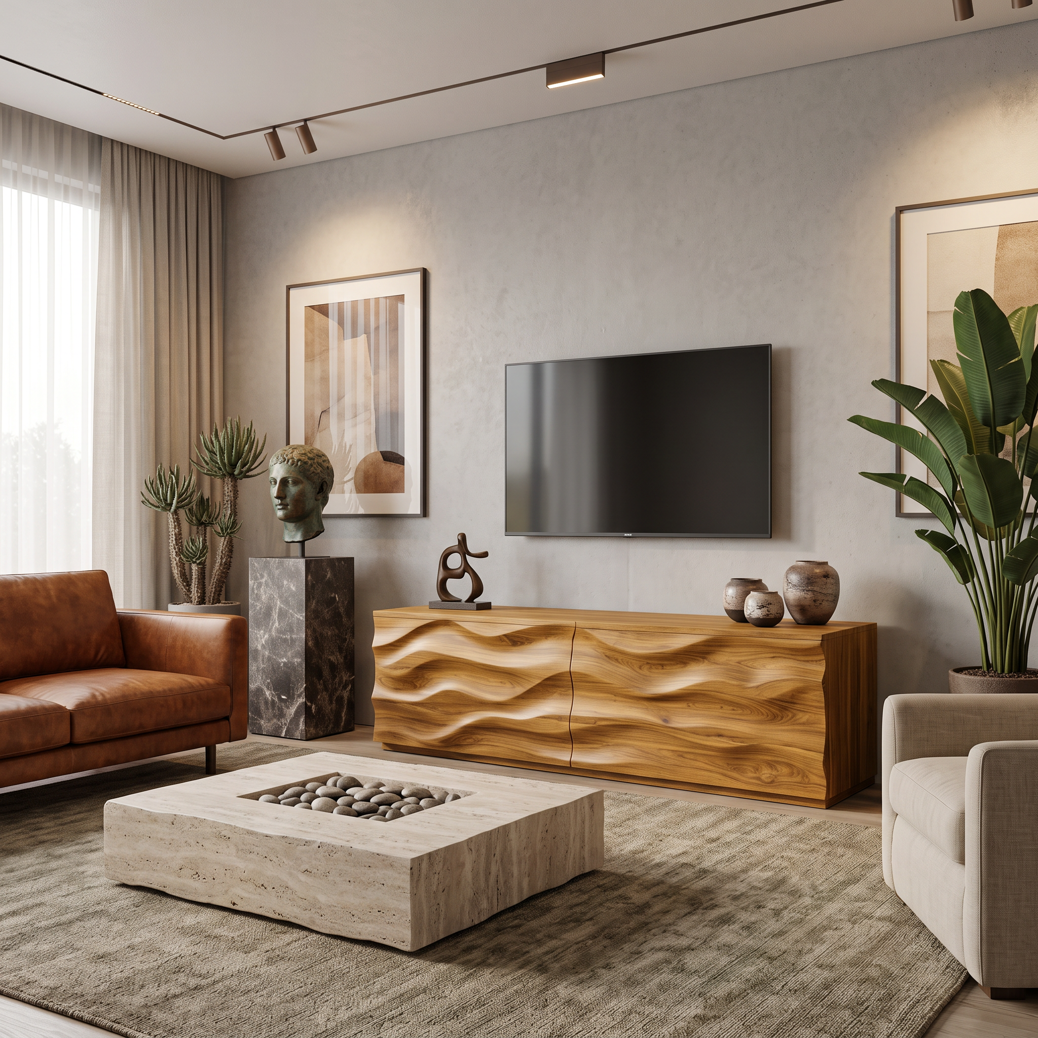 Modern Carved Media Console With Wave Front For Living Room SITHTTTVC021