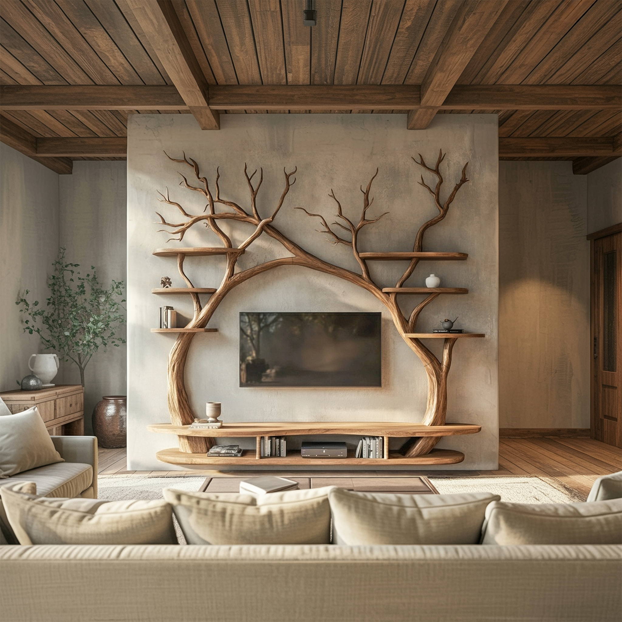 Modern Sculptural Tree TV Wall Unit For Living Room And Interior Decor SINLSATB701