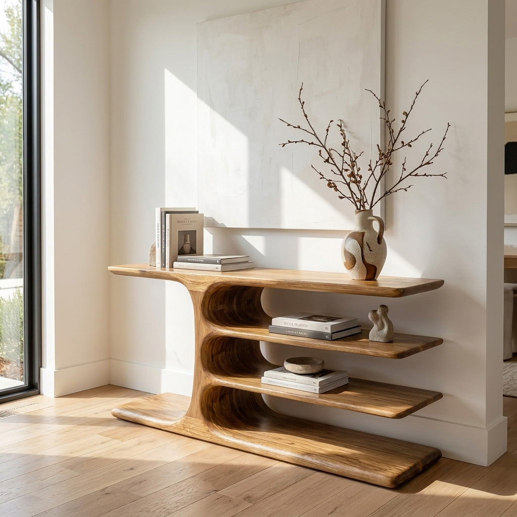 Organic Wooden Console Table With Layered Shelving For Hallway RTTHHNCS033