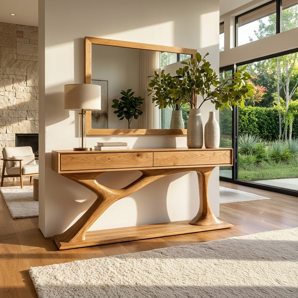 Contemporary Wooden Console Table With Sculptural Base For Living Room RTTHHNCS042