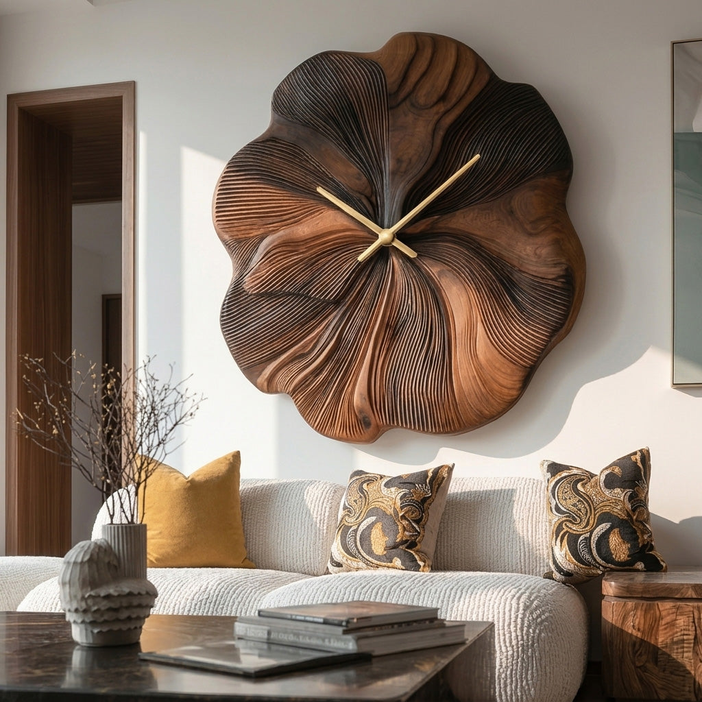 Contemporary Floral Wooden Wall Clock Decor For Living Room RTTHHNWAC021
